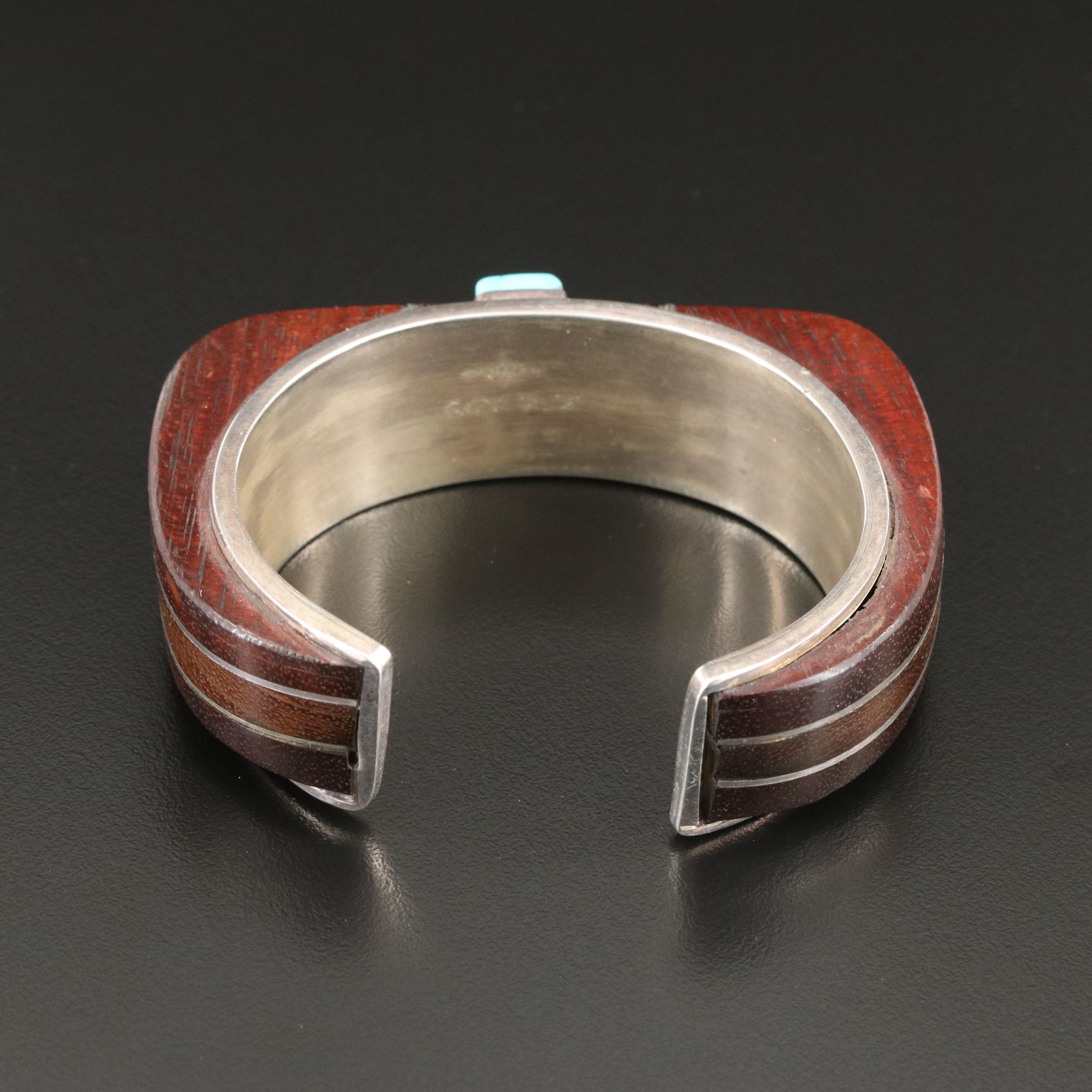 Signed Southwestern Sterling Turquoise and Wood Inlay Bracelet