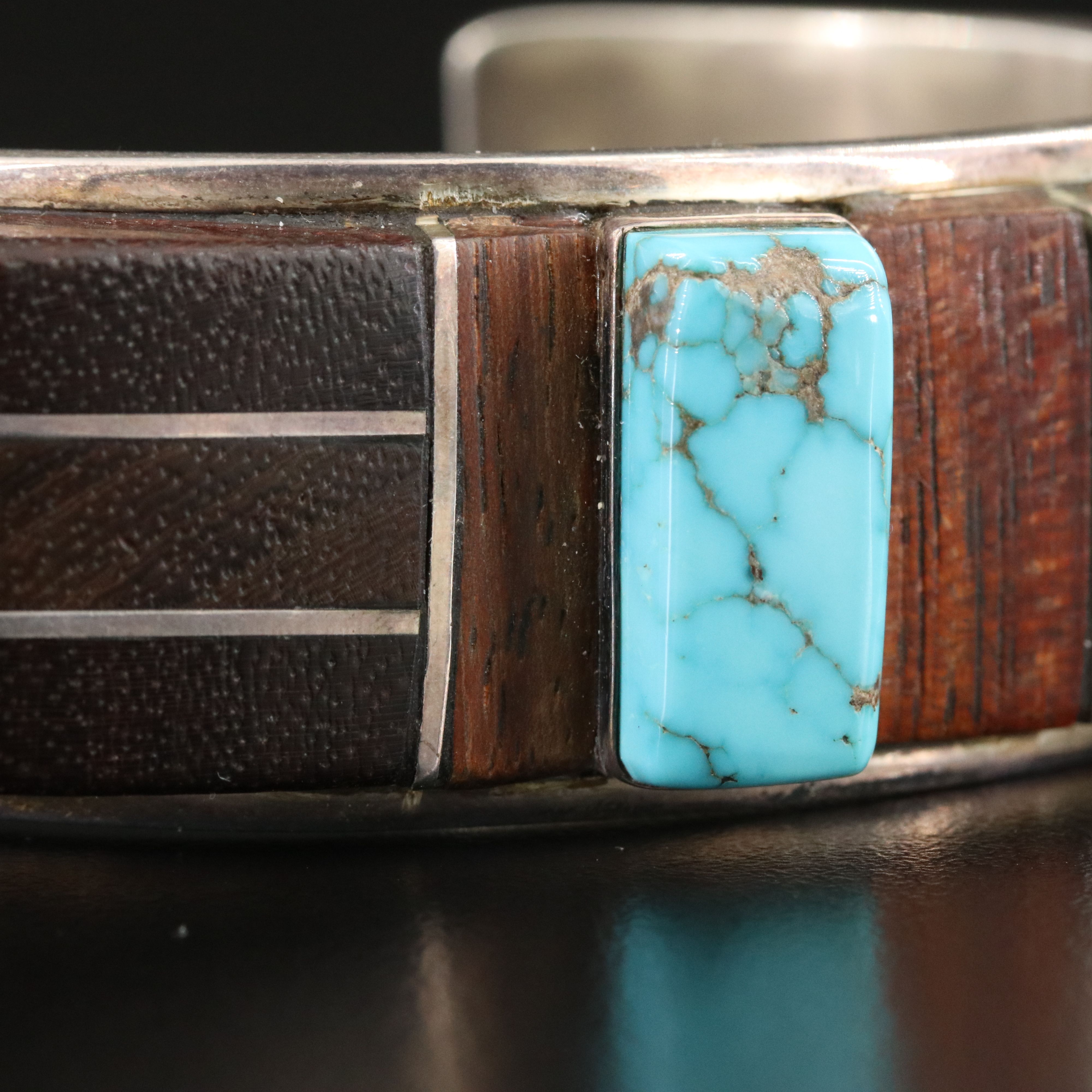 Signed Southwestern Sterling Turquoise and Wood Inlay Bracelet