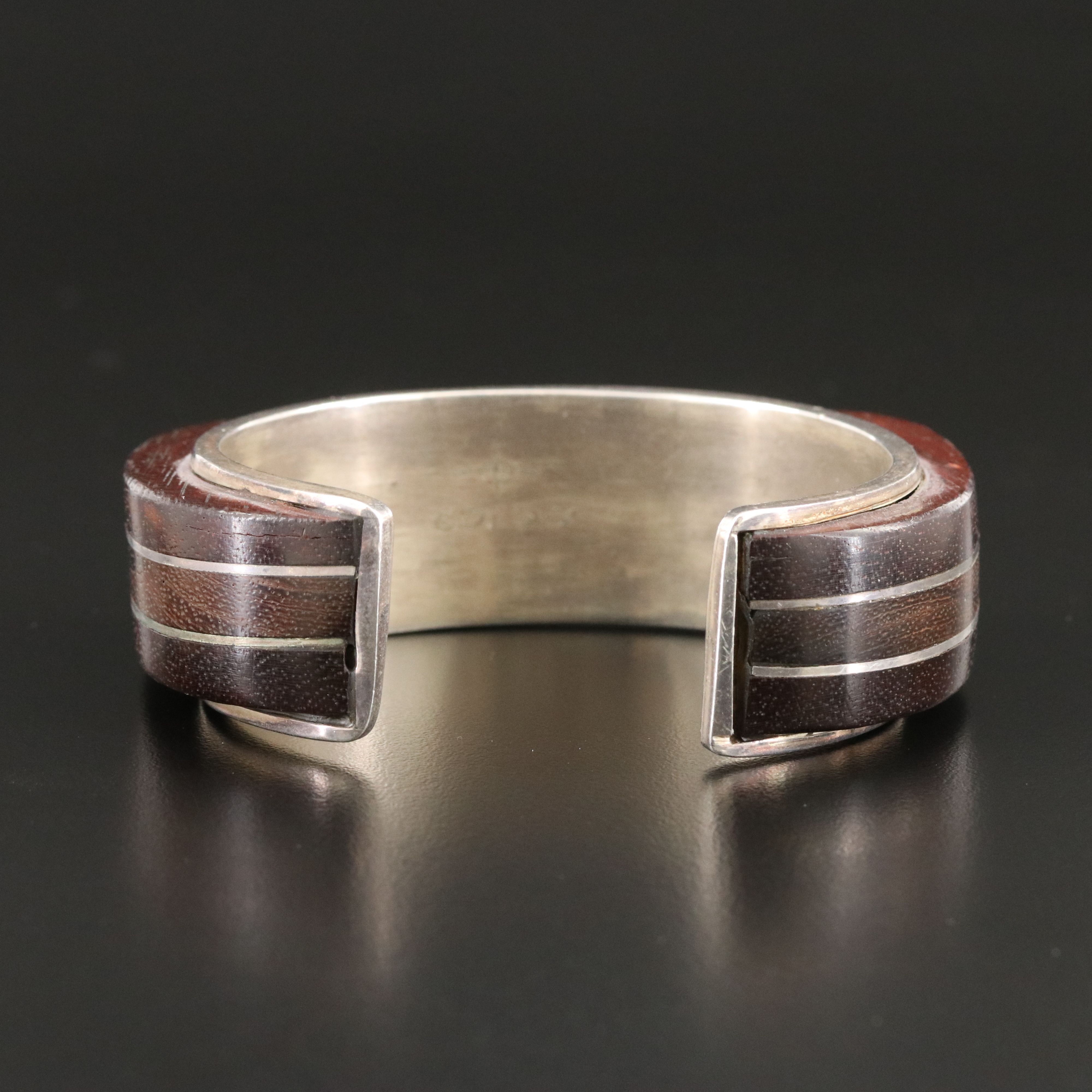 Signed Southwestern Sterling Turquoise and Wood Inlay Bracelet
