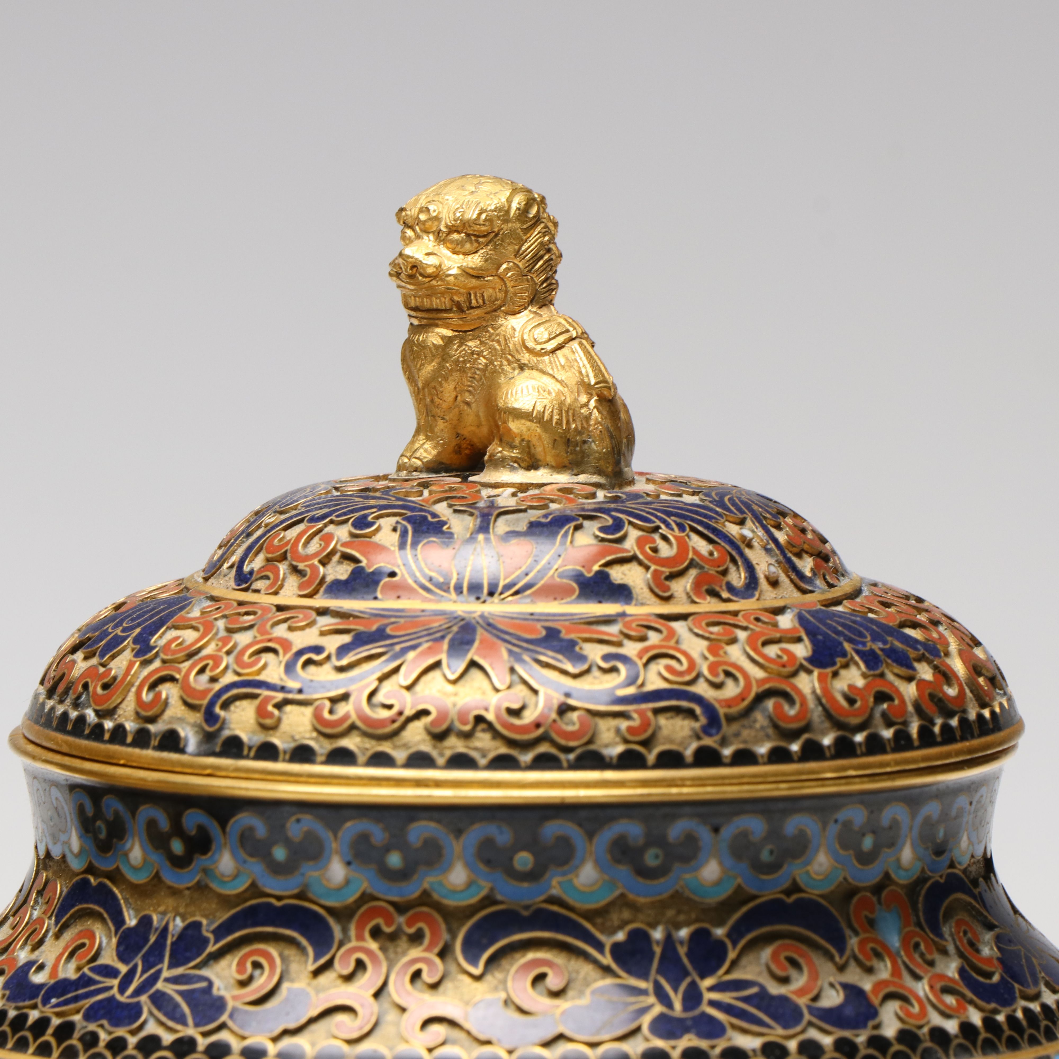 Chinese Floral Champlevé Ginger Jars with Guardian Lion Finials on Wood Bases