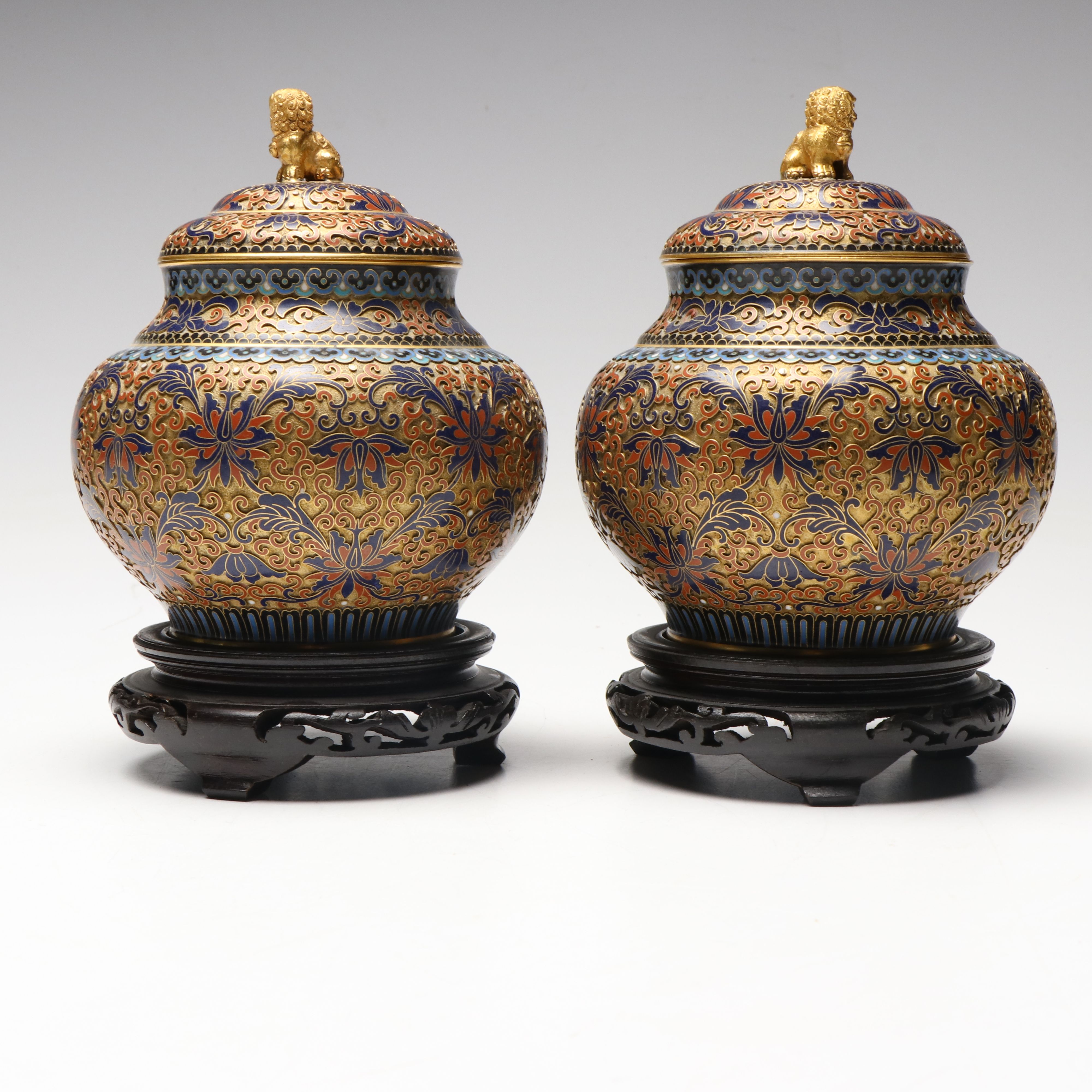 Chinese Floral Champlevé Ginger Jars with Guardian Lion Finials on Wood Bases