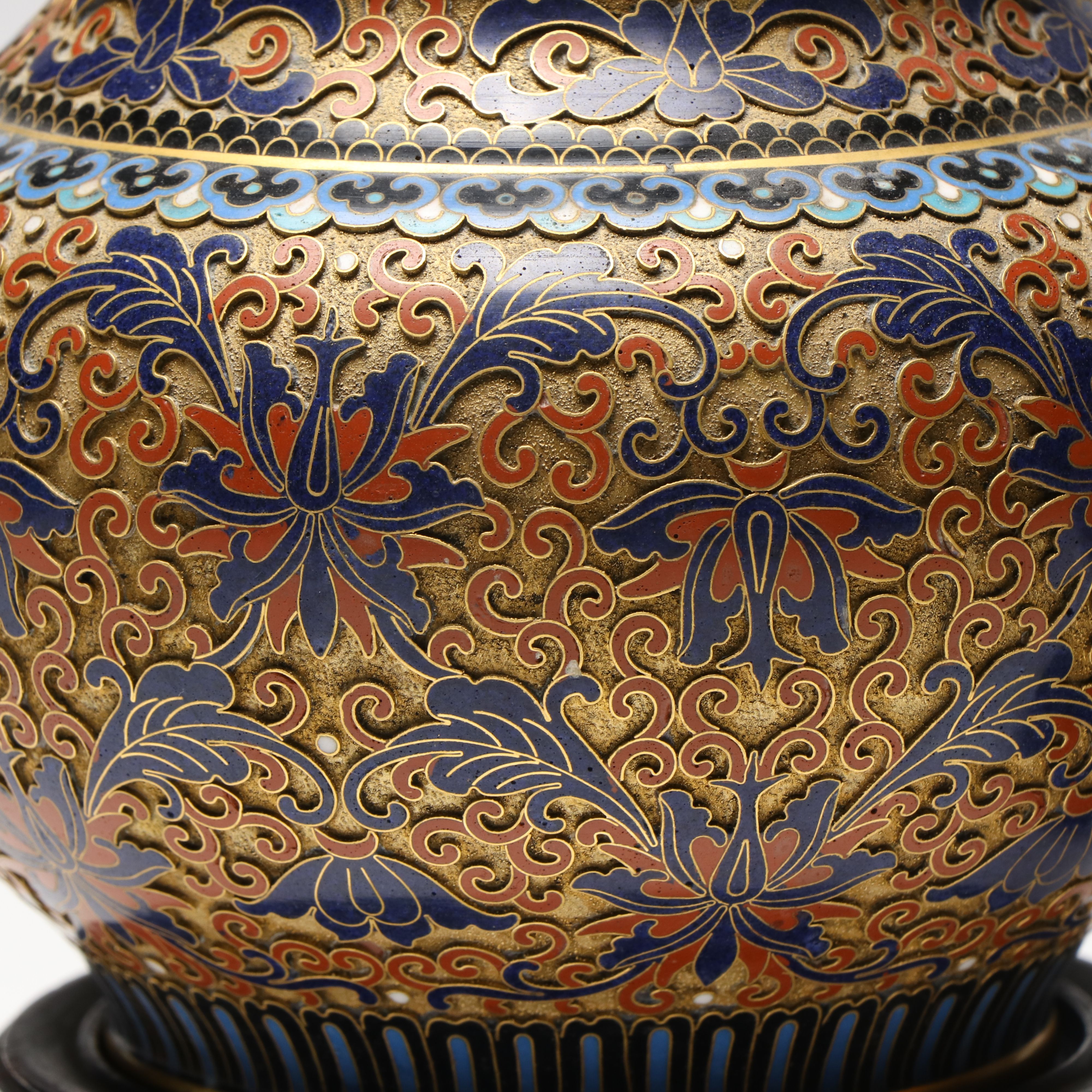 Chinese Floral Champlevé Ginger Jars with Guardian Lion Finials on Wood Bases