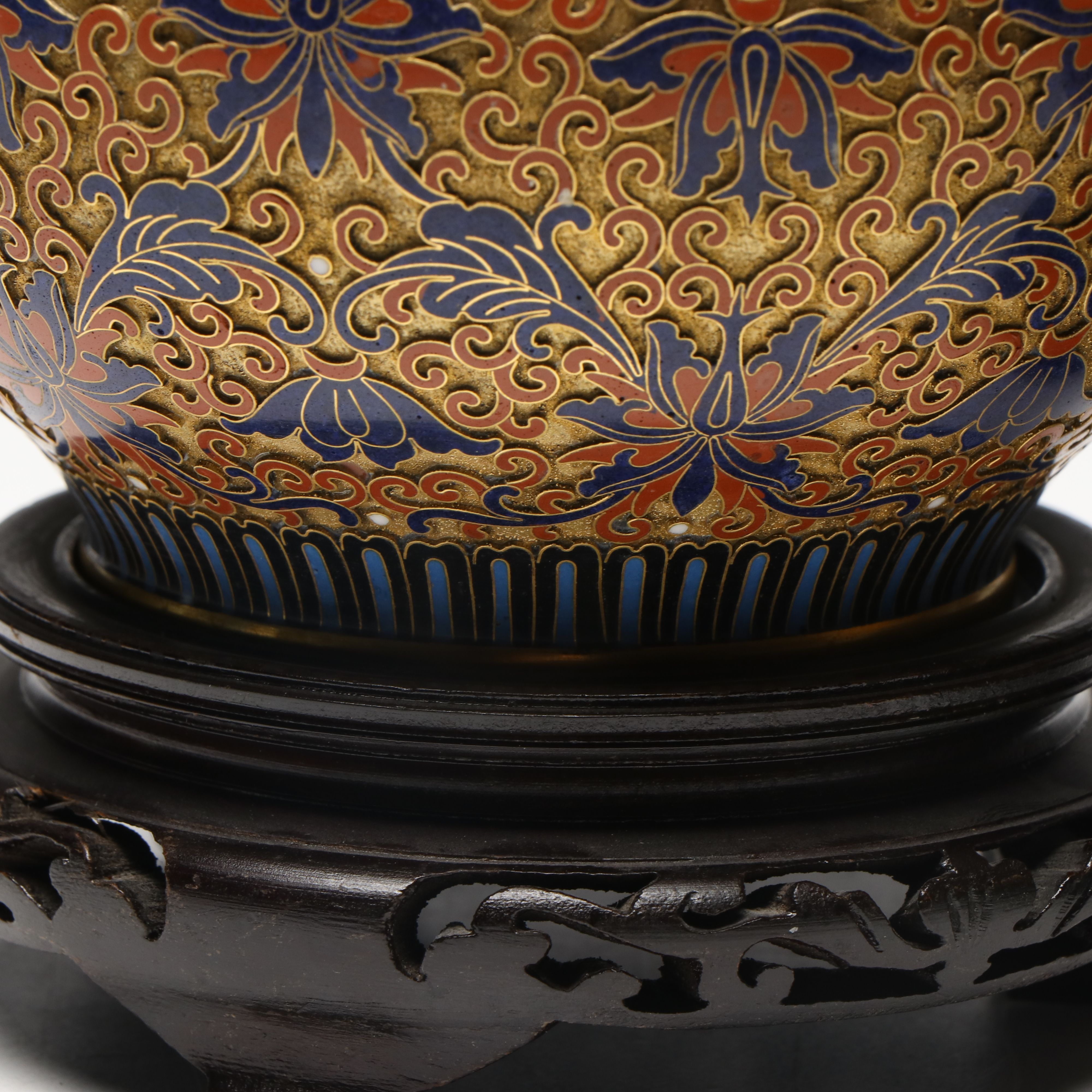 Chinese Floral Champlevé Ginger Jars with Guardian Lion Finials on Wood Bases