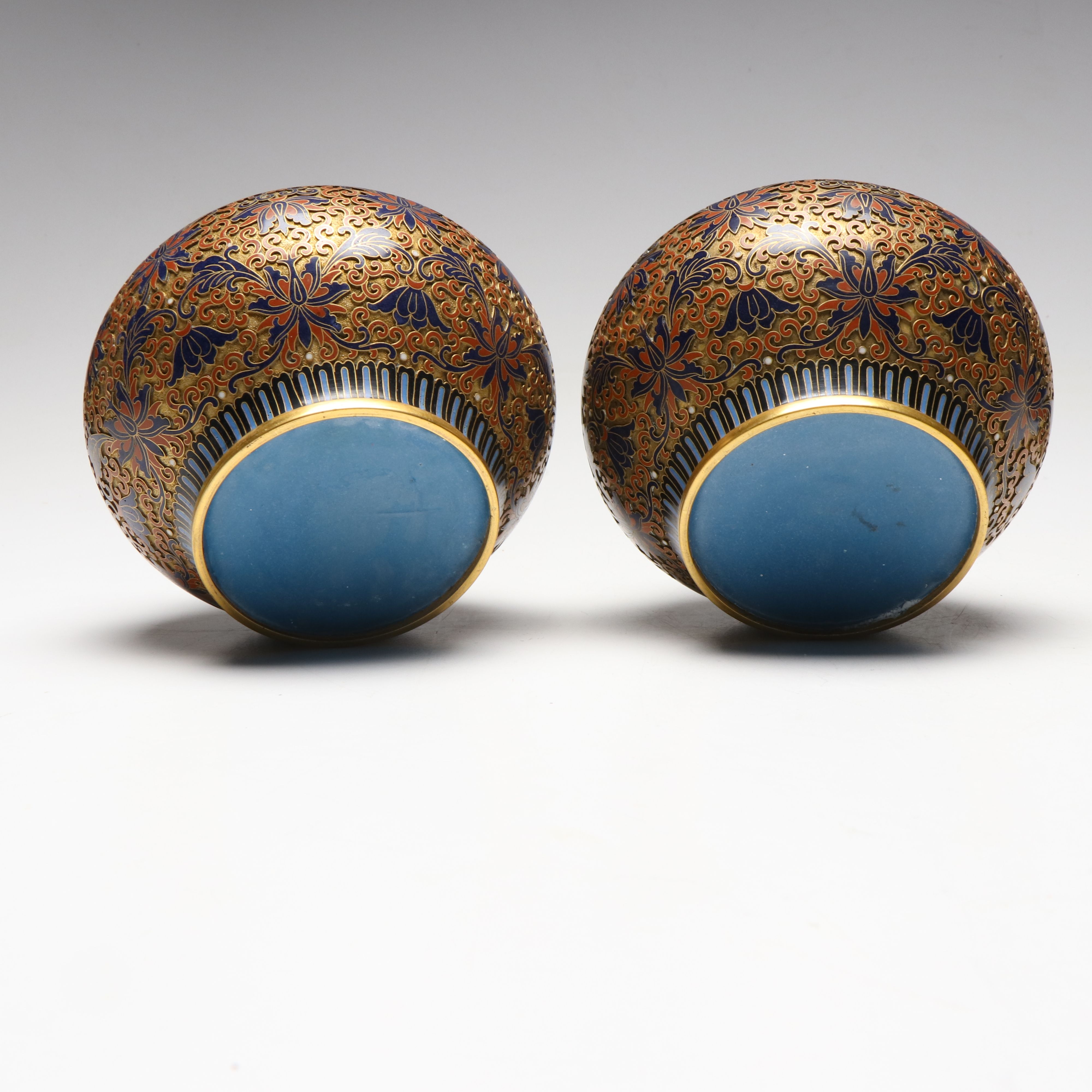 Chinese Floral Champlevé Ginger Jars with Guardian Lion Finials on Wood Bases