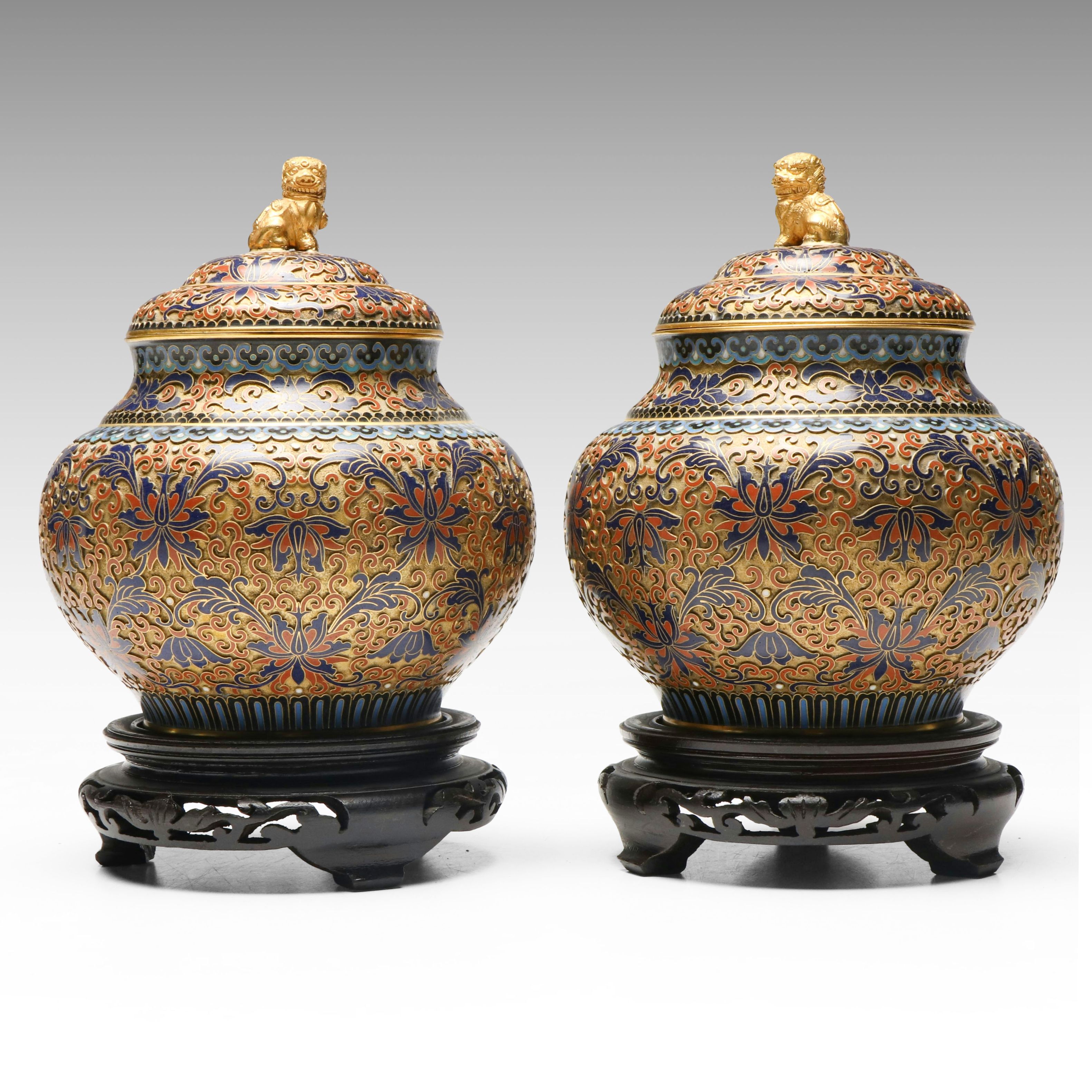 Chinese Floral Champlevé Ginger Jars with Guardian Lion Finials on Wood Bases