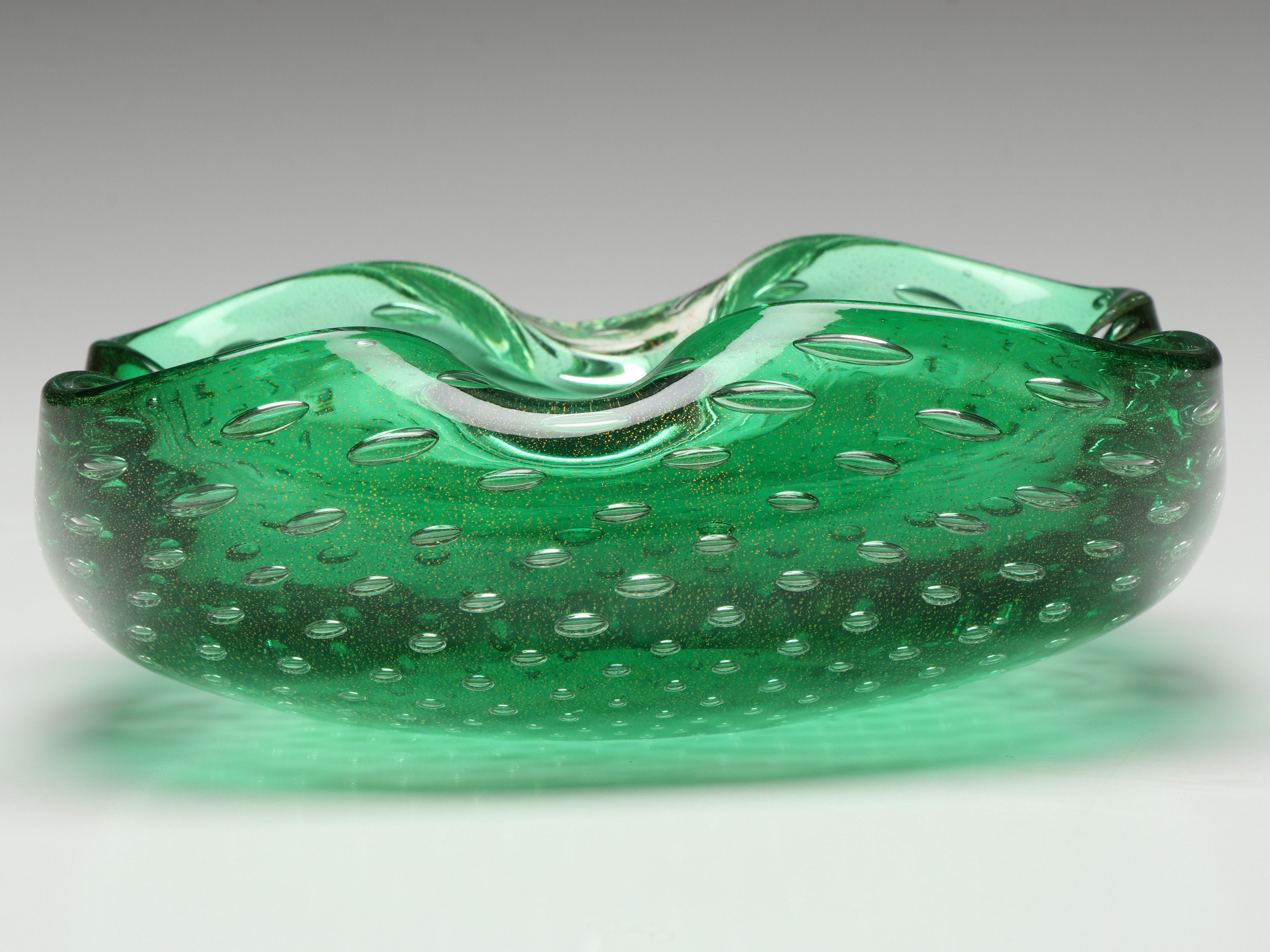 Murano Style Bullicante Green Art Glass Decorative Bowl