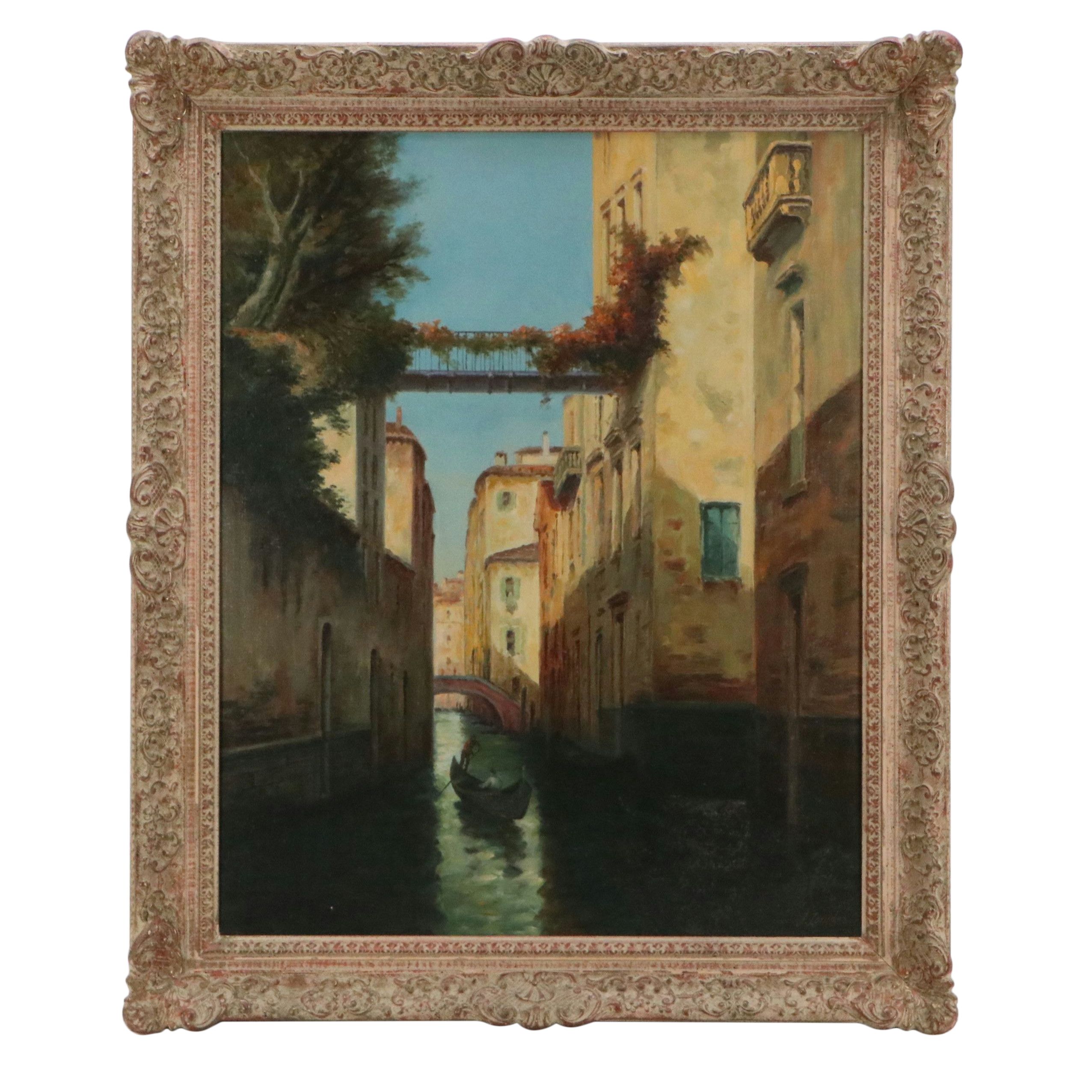 J. Ionides Landscape Oil Painting of Venice Canal, Late 20th Century