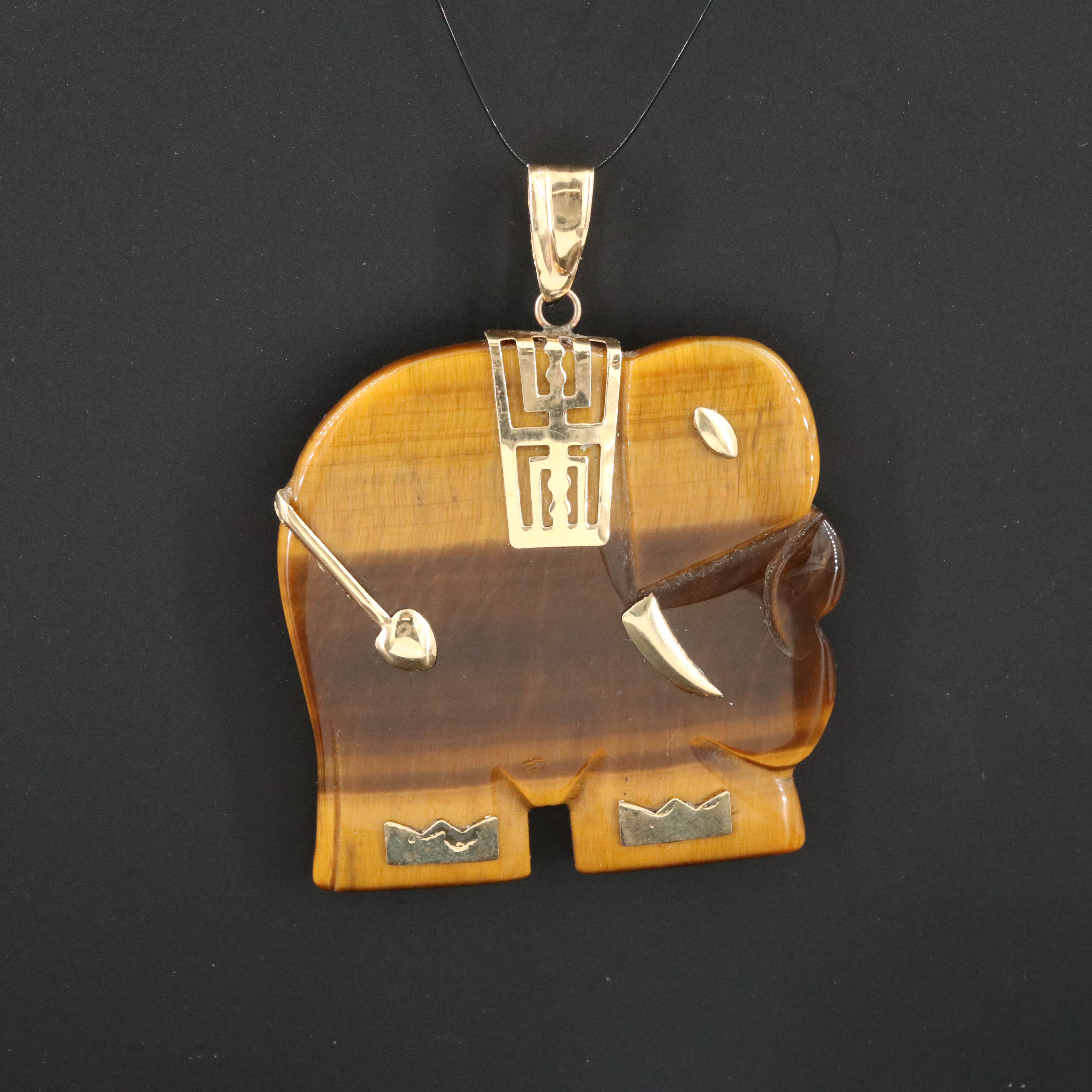 14K Tiger'e Eye Elephant Pendant