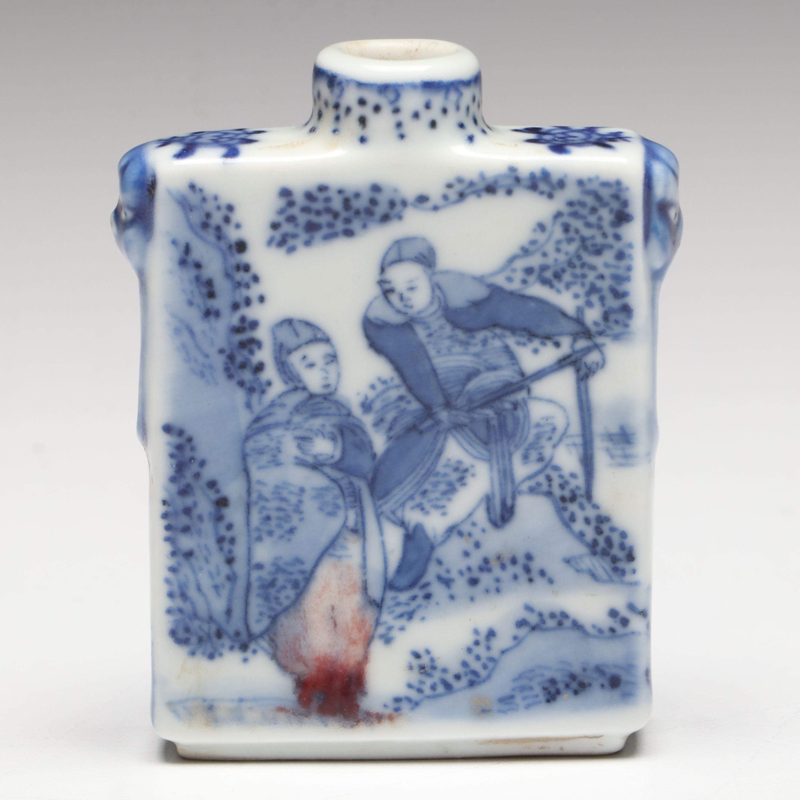 Chinese Guangxu Period Blue and White with Copper "Figural Story" Snuff Bottle