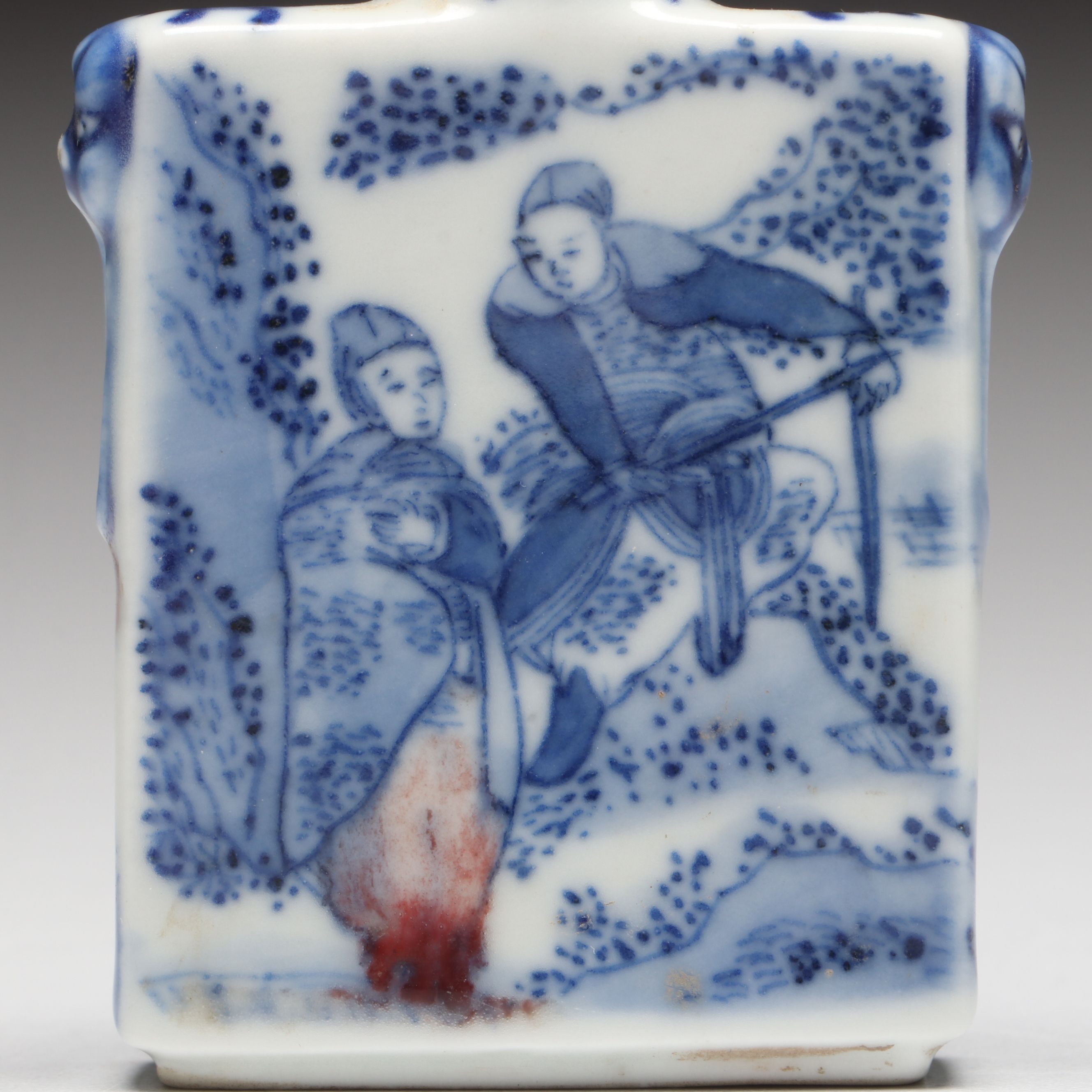 Chinese Guangxu Period Blue and White with Copper "Figural Story" Snuff Bottle