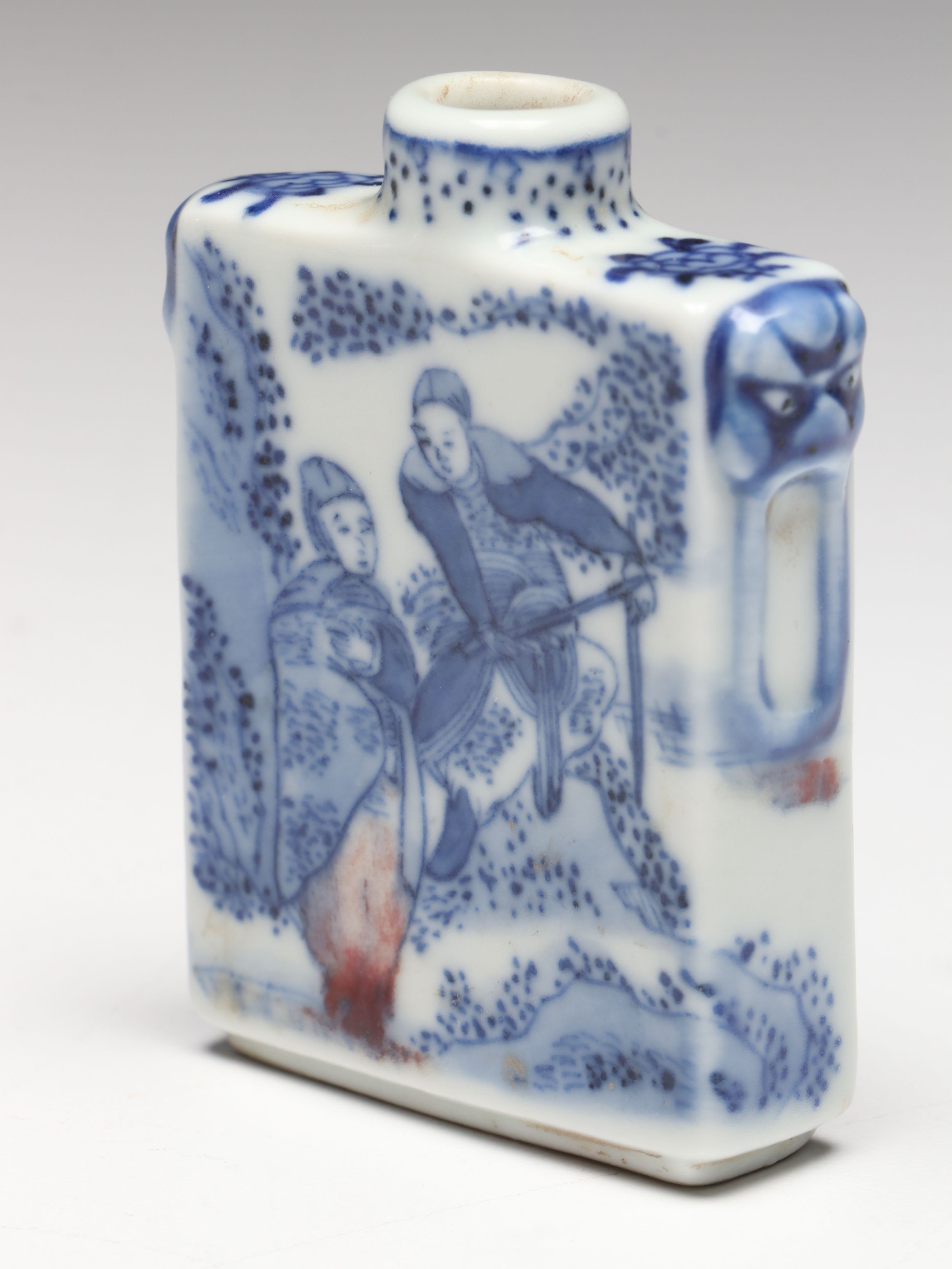Chinese Guangxu Period Blue and White with Copper "Figural Story" Snuff Bottle
