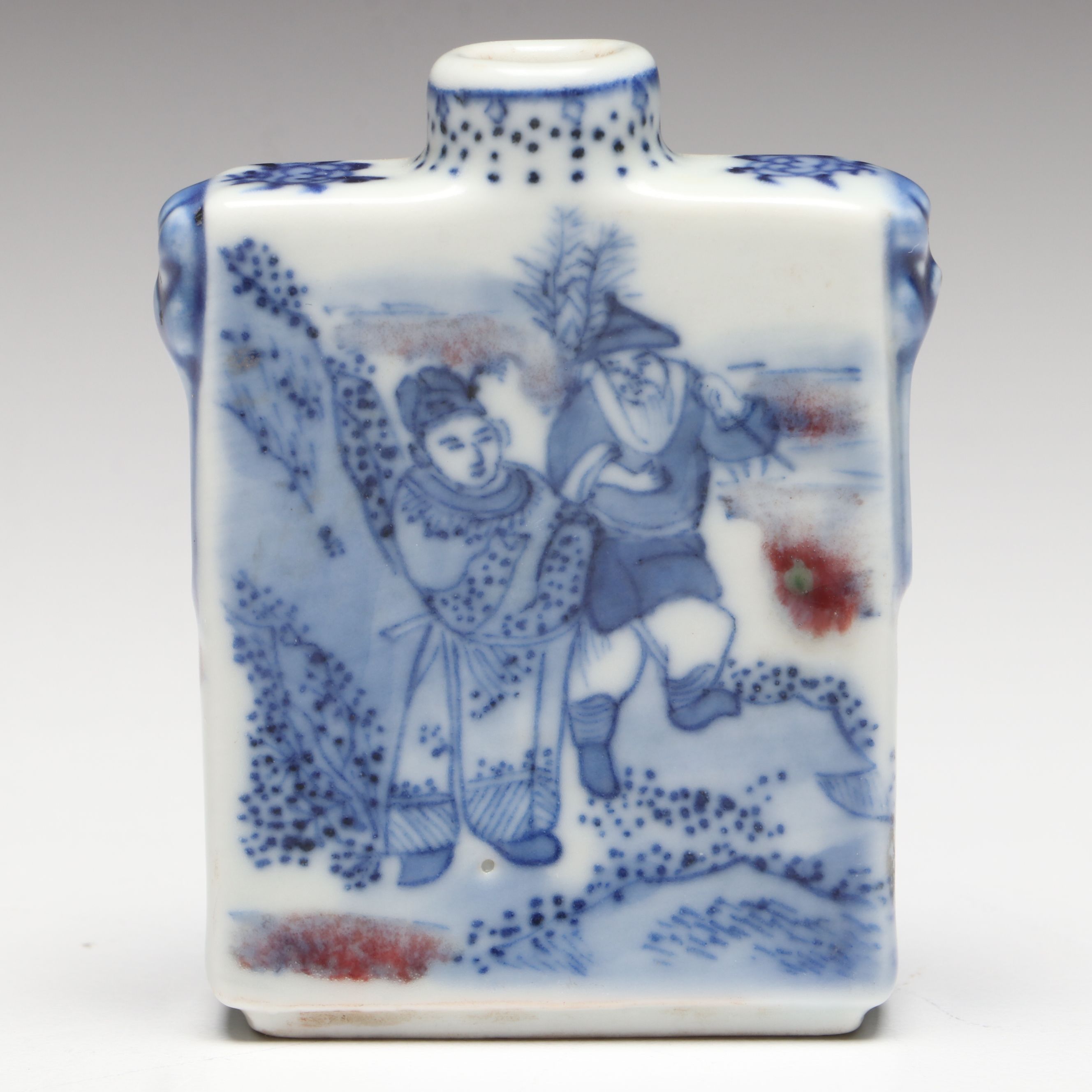 Chinese Guangxu Period Blue and White with Copper "Figural Story" Snuff Bottle