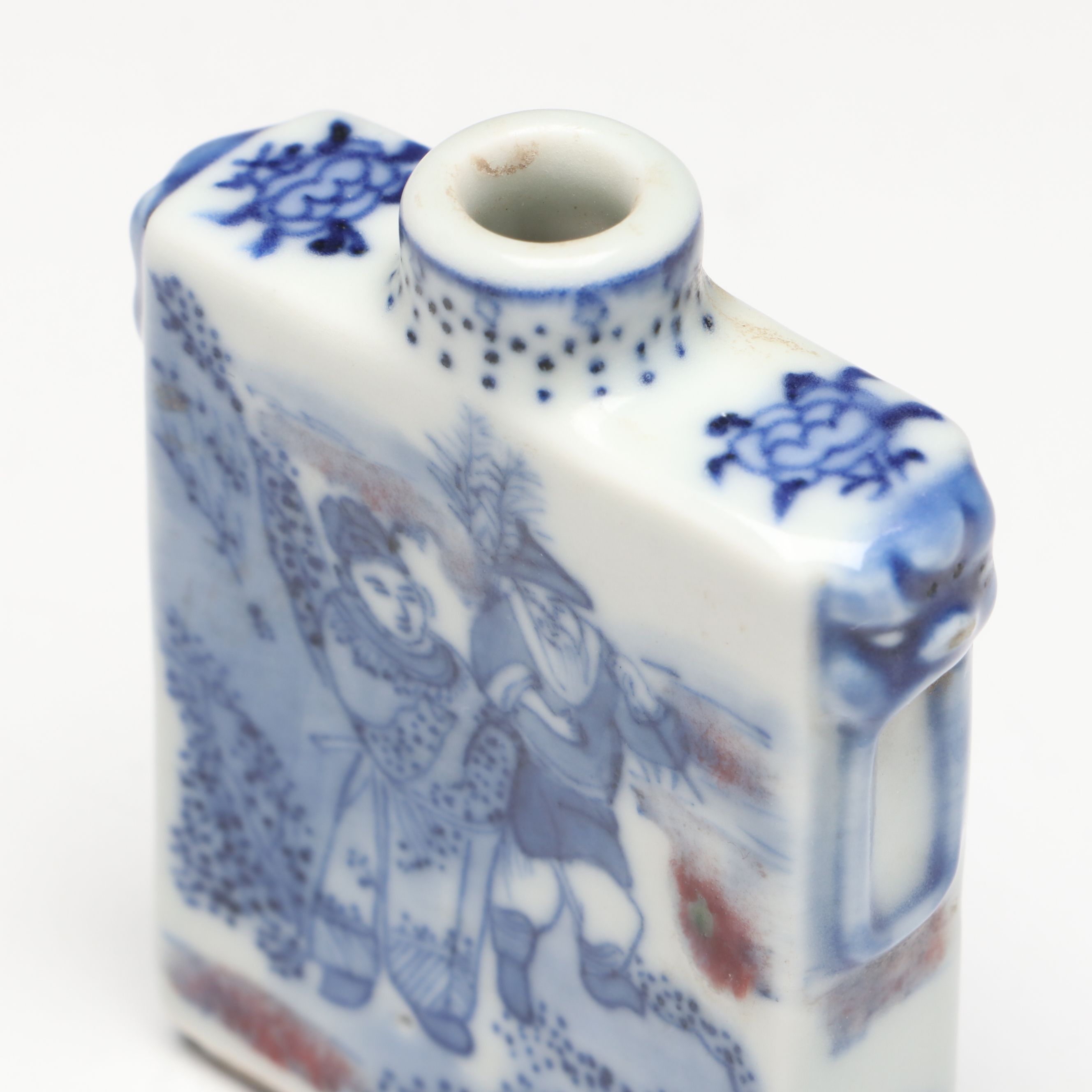 Chinese Guangxu Period Blue and White with Copper "Figural Story" Snuff Bottle