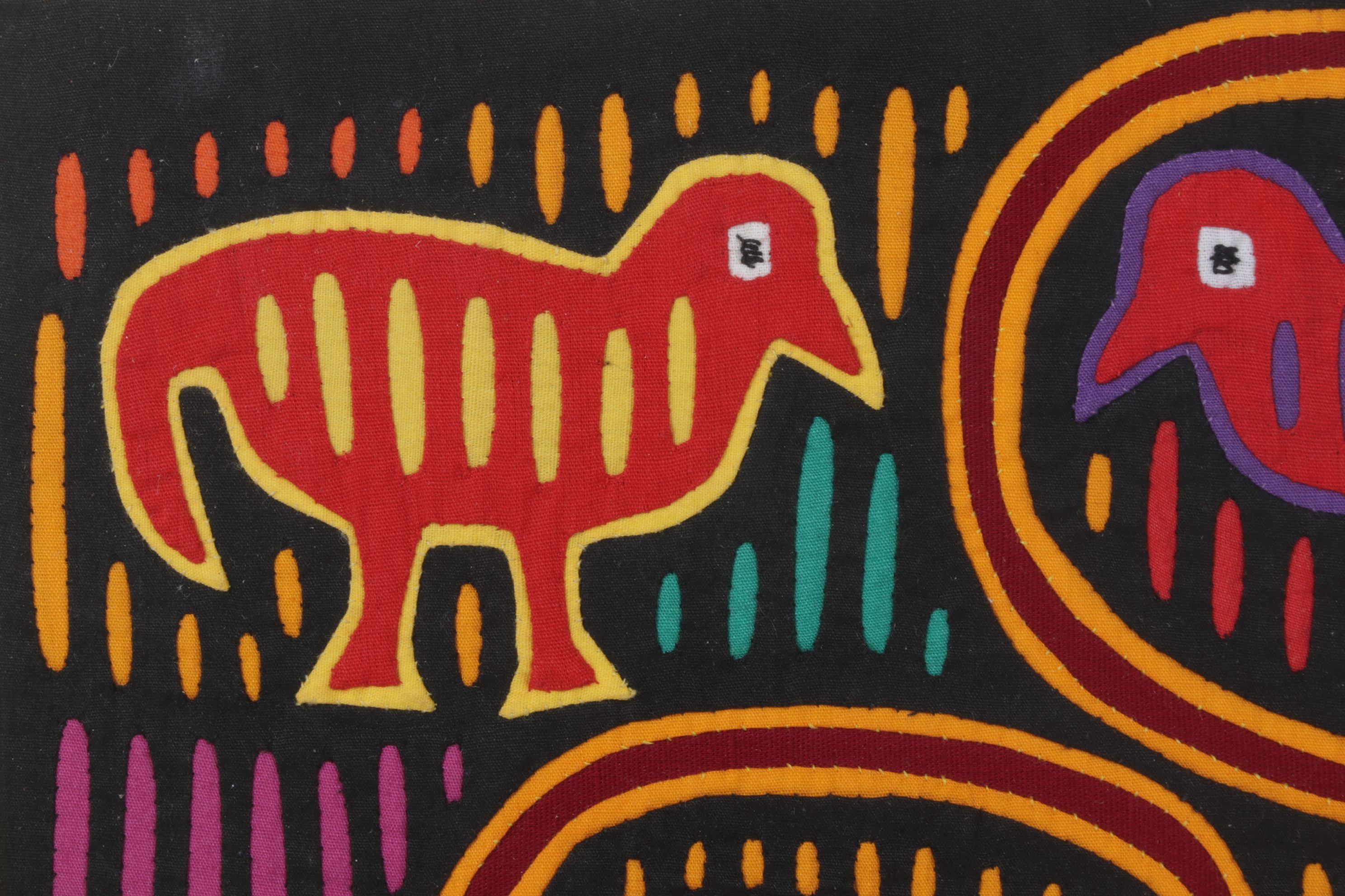 Hand Stitched South-American Mola Textile Folk Art with Bird and Fish Motifs