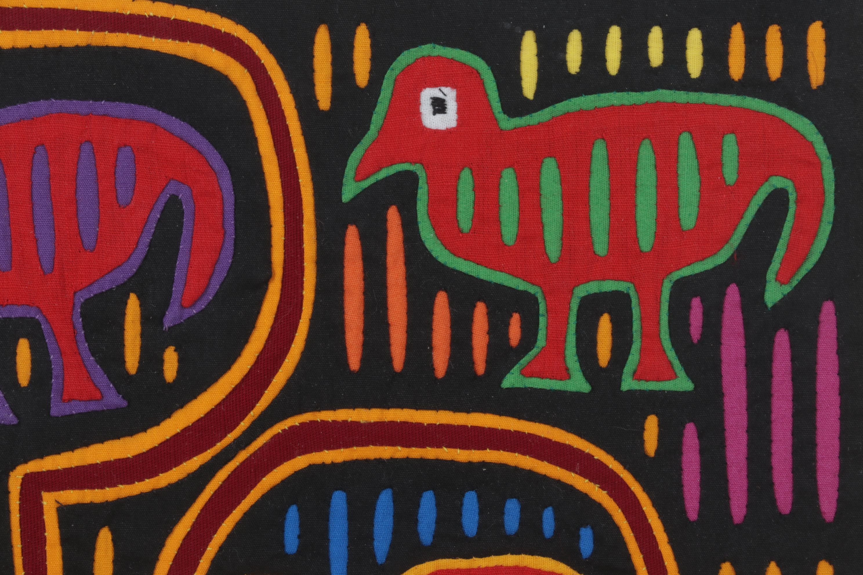 Hand Stitched South-American Mola Textile Folk Art with Bird and Fish Motifs