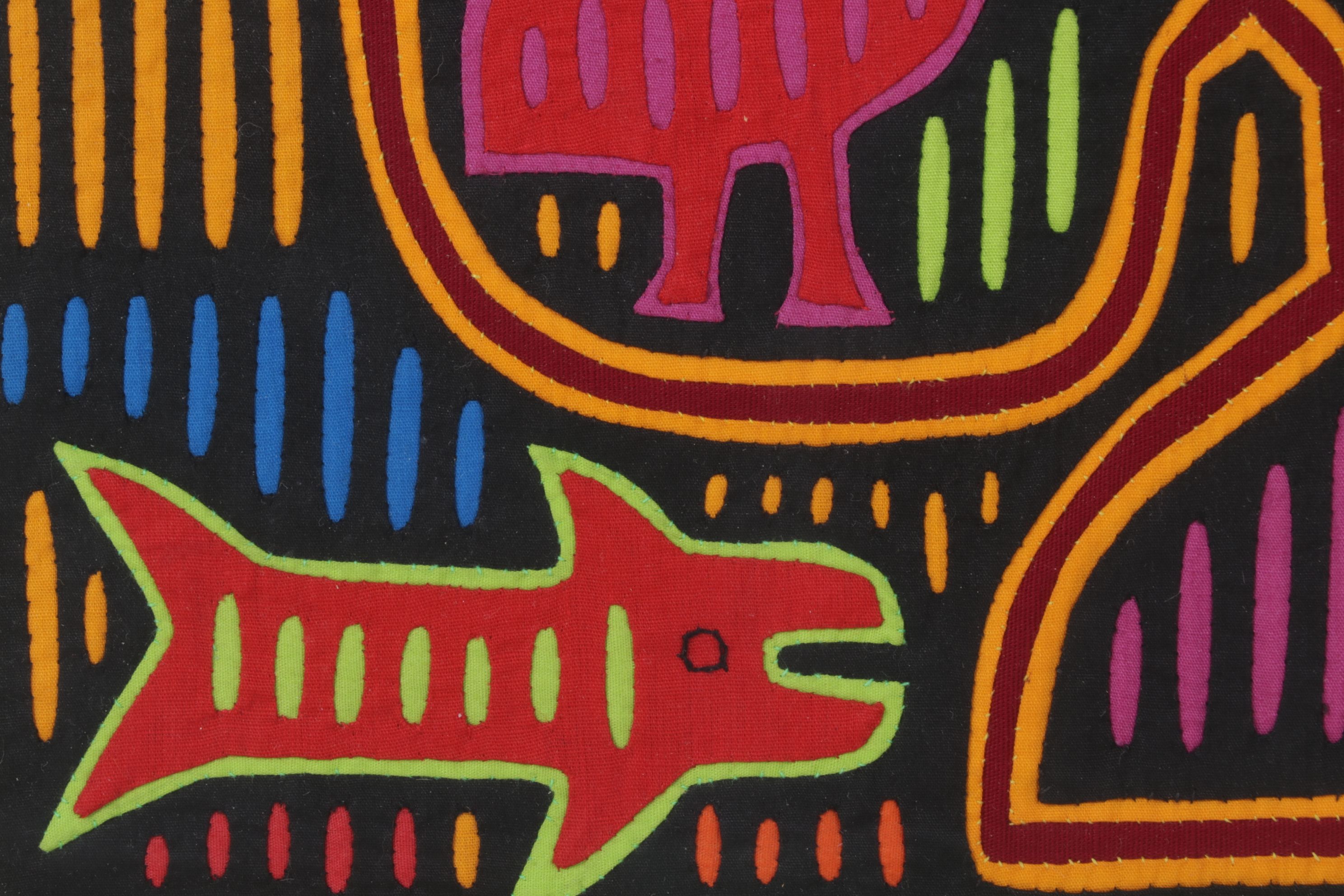 Hand Stitched South-American Mola Textile Folk Art with Bird and Fish Motifs