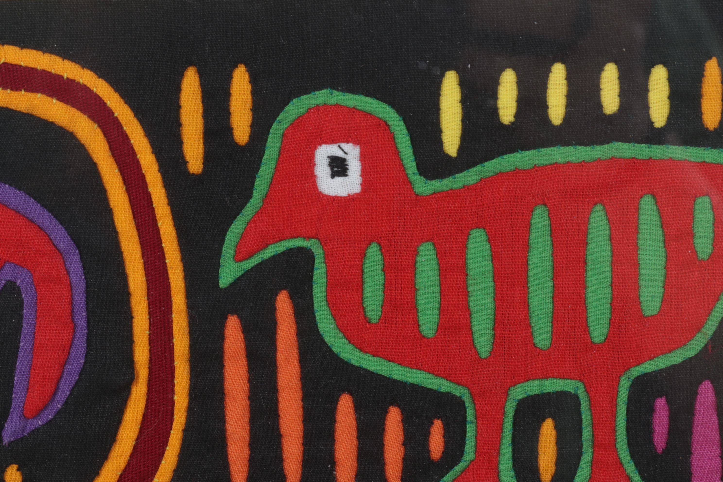 Hand Stitched South-American Mola Textile Folk Art with Bird and Fish Motifs