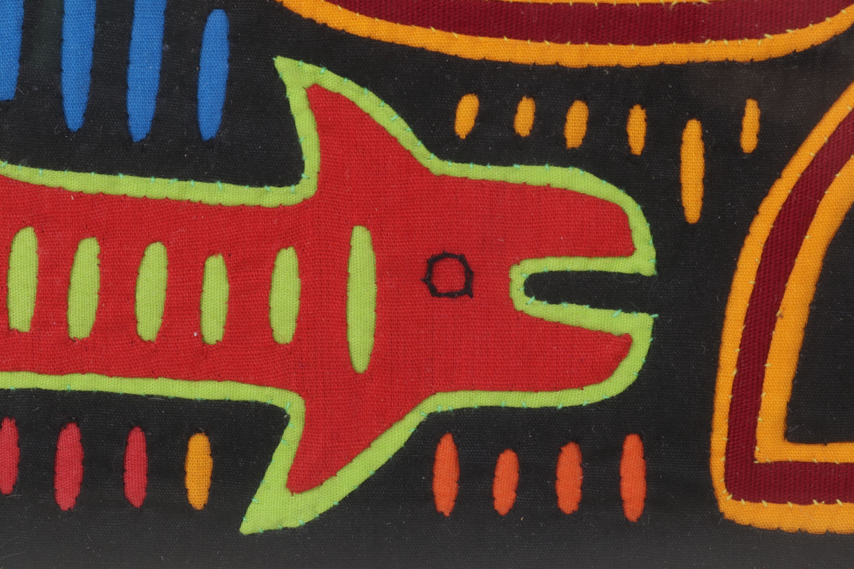 Hand Stitched South-American Mola Textile Folk Art with Bird and Fish Motifs