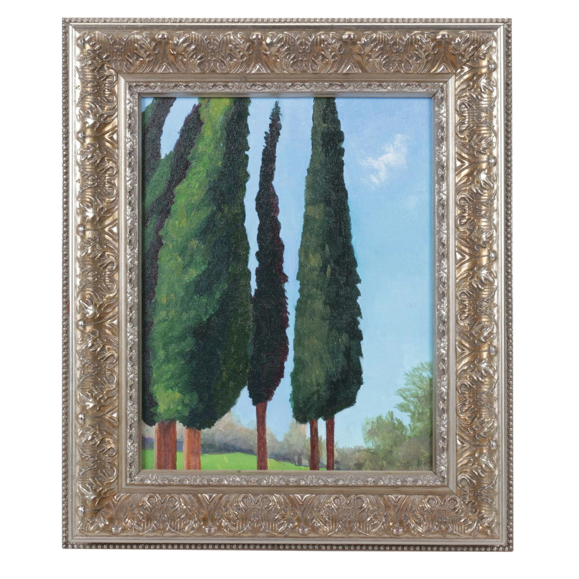 Impressionist Landscape Oil Painting Featuring Towering Italian Cypress Trees