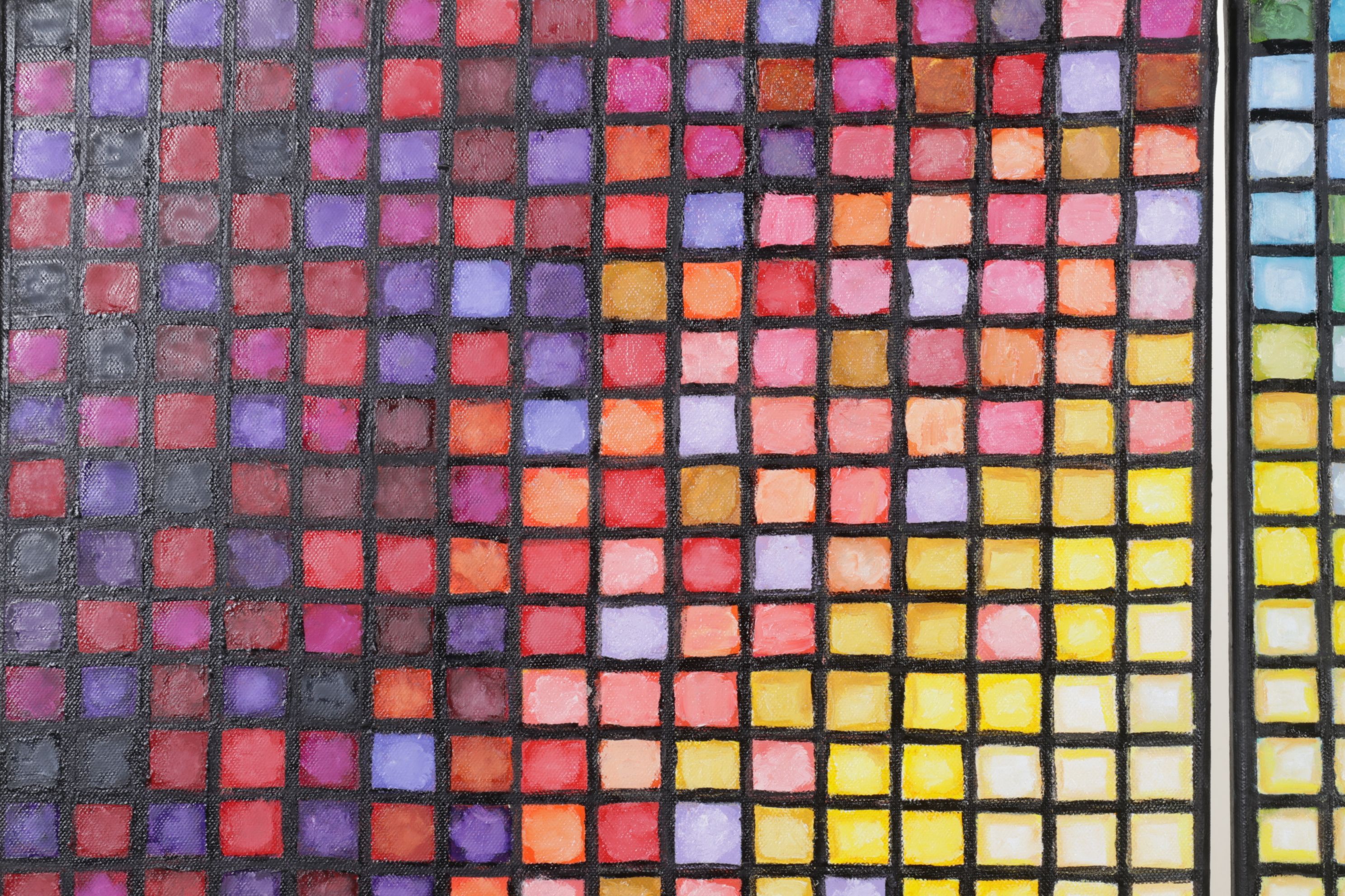 Glen Zehr Diptych Acrylic Painting of Gradient Tiles in Warm and Cool Tones