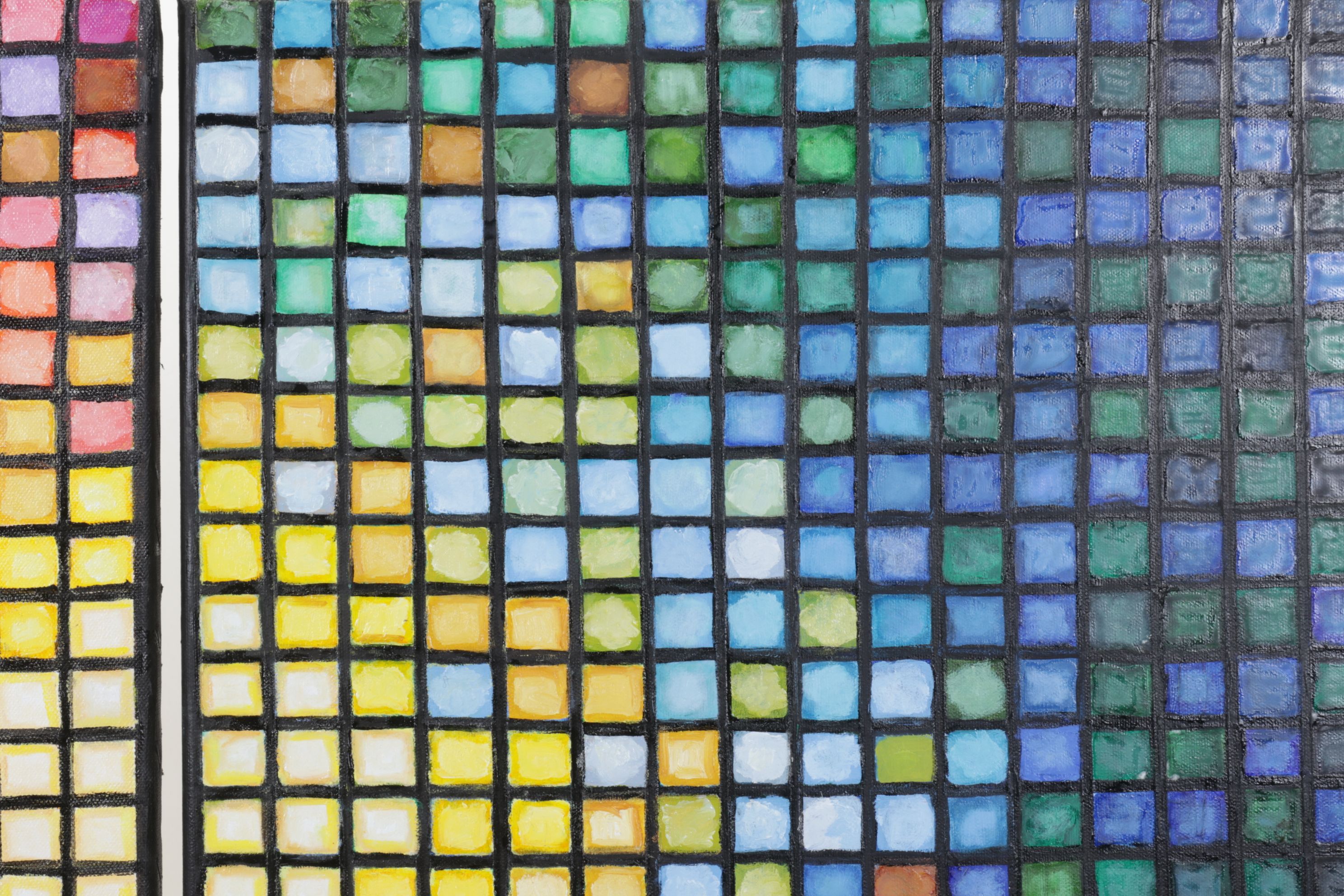 Glen Zehr Diptych Acrylic Painting of Gradient Tiles in Warm and Cool Tones