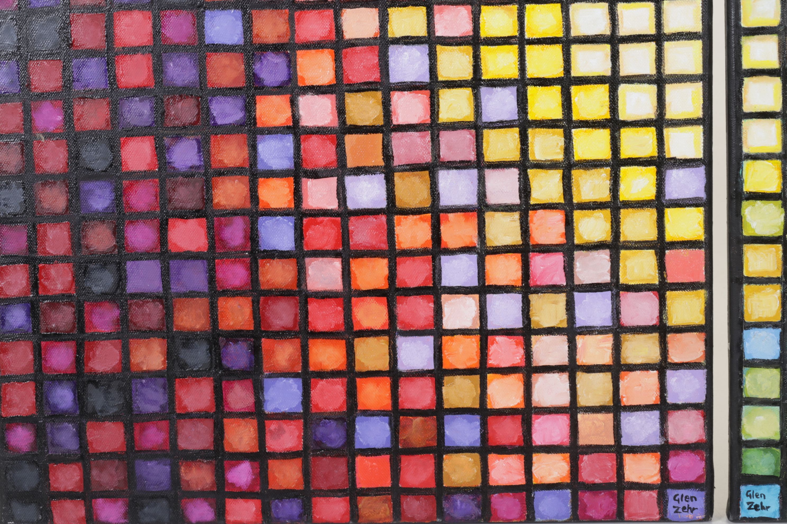 Glen Zehr Diptych Acrylic Painting of Gradient Tiles in Warm and Cool Tones