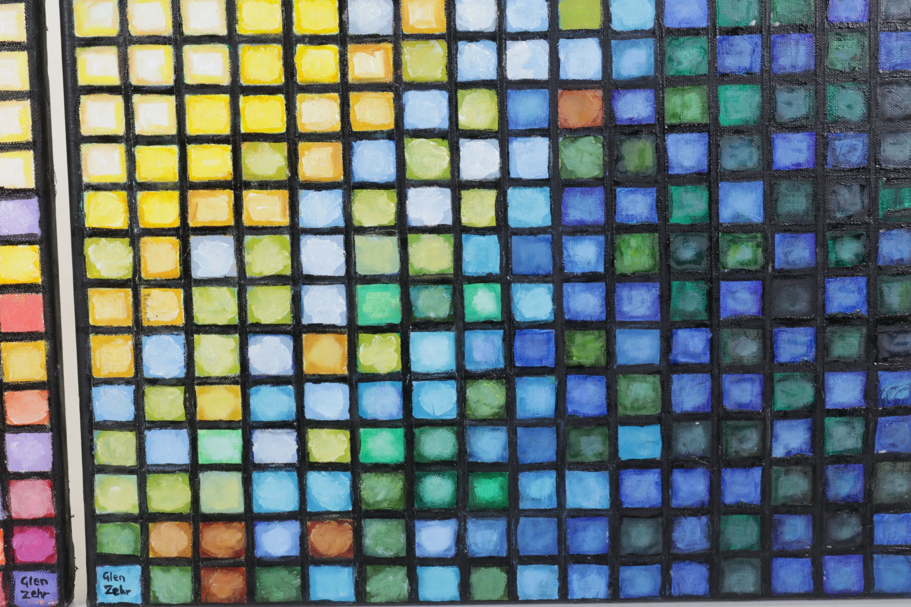 Glen Zehr Diptych Acrylic Painting of Gradient Tiles in Warm and Cool Tones
