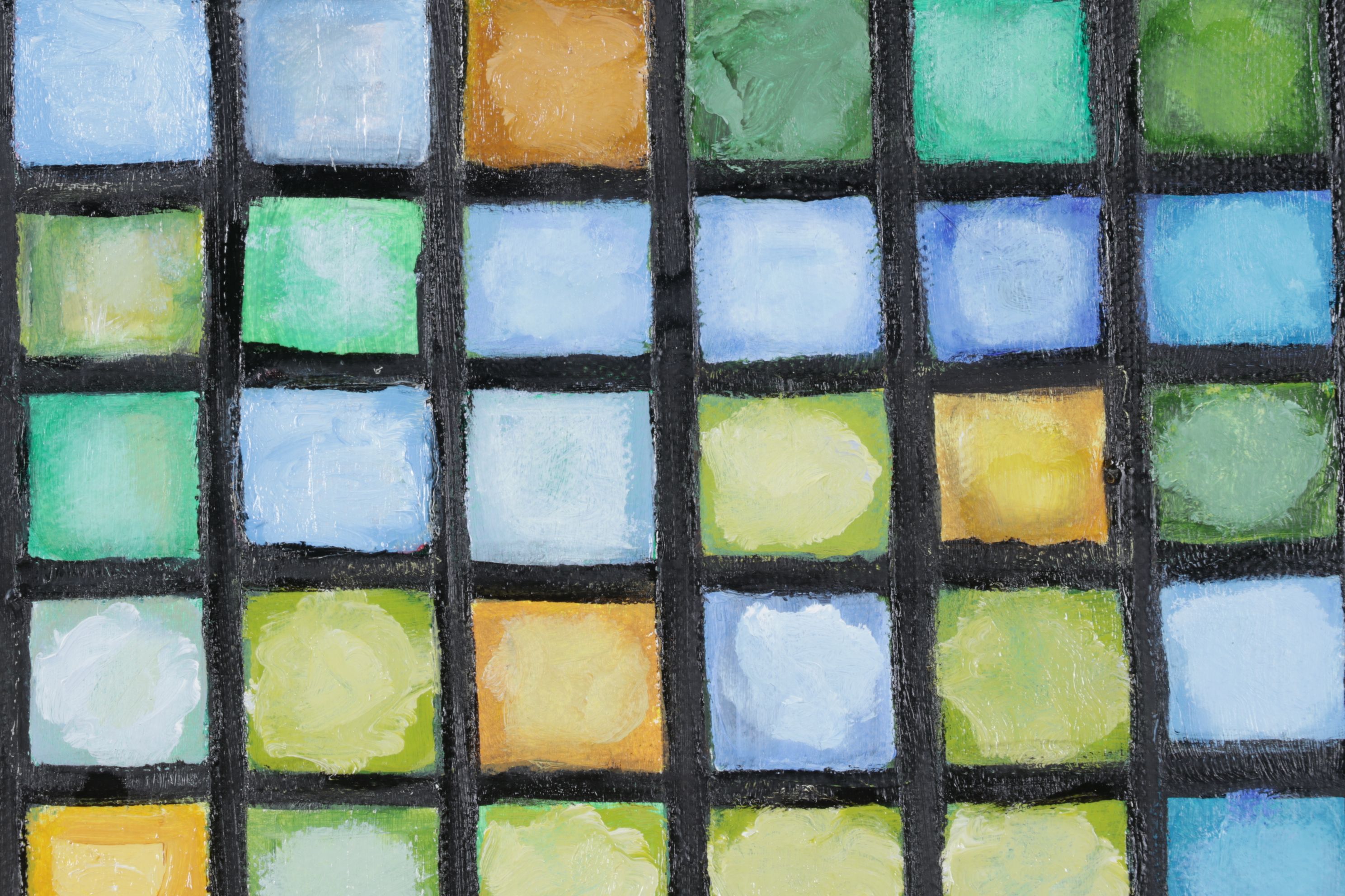 Glen Zehr Diptych Acrylic Painting of Gradient Tiles in Warm and Cool Tones