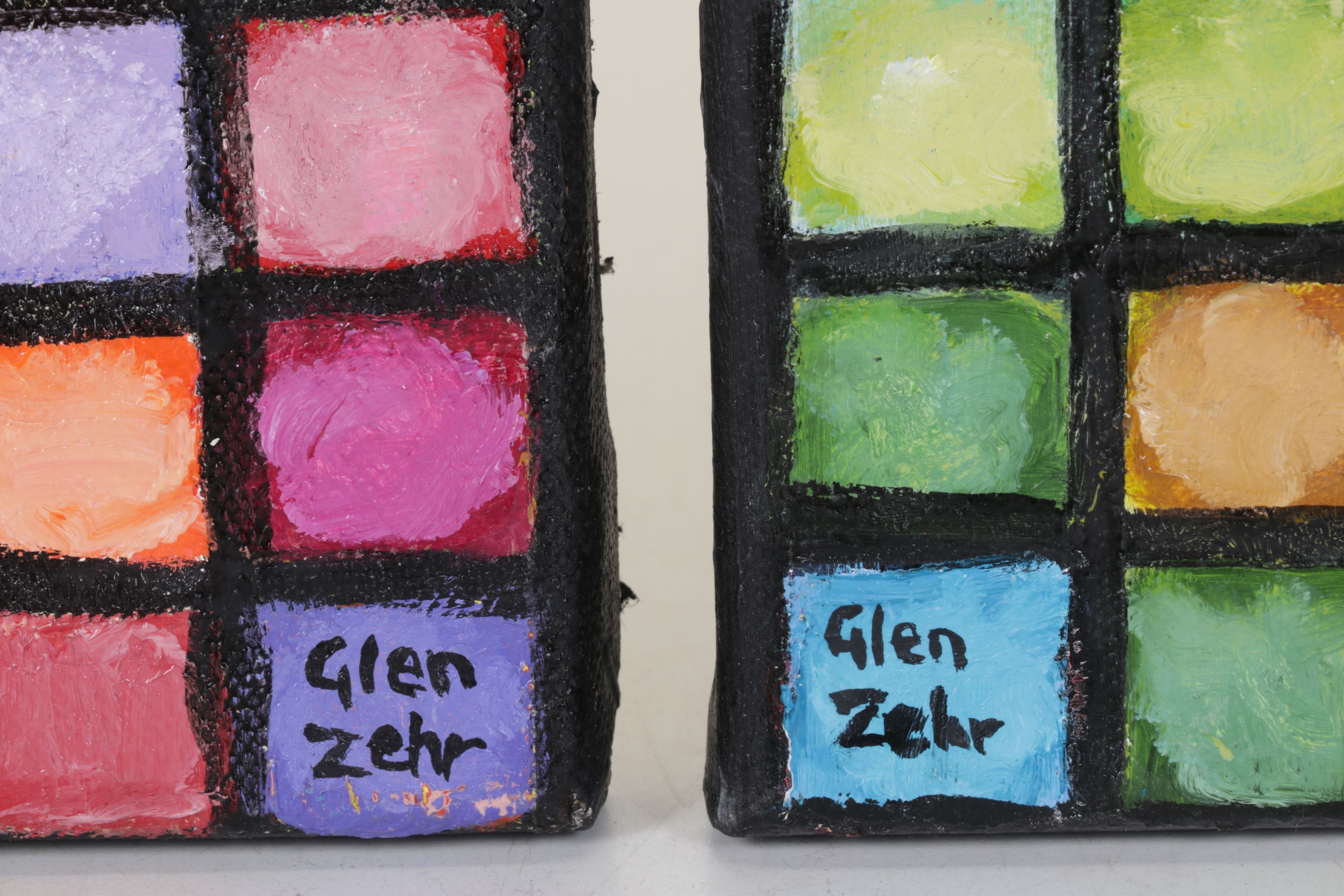 Glen Zehr Diptych Acrylic Painting of Gradient Tiles in Warm and Cool Tones