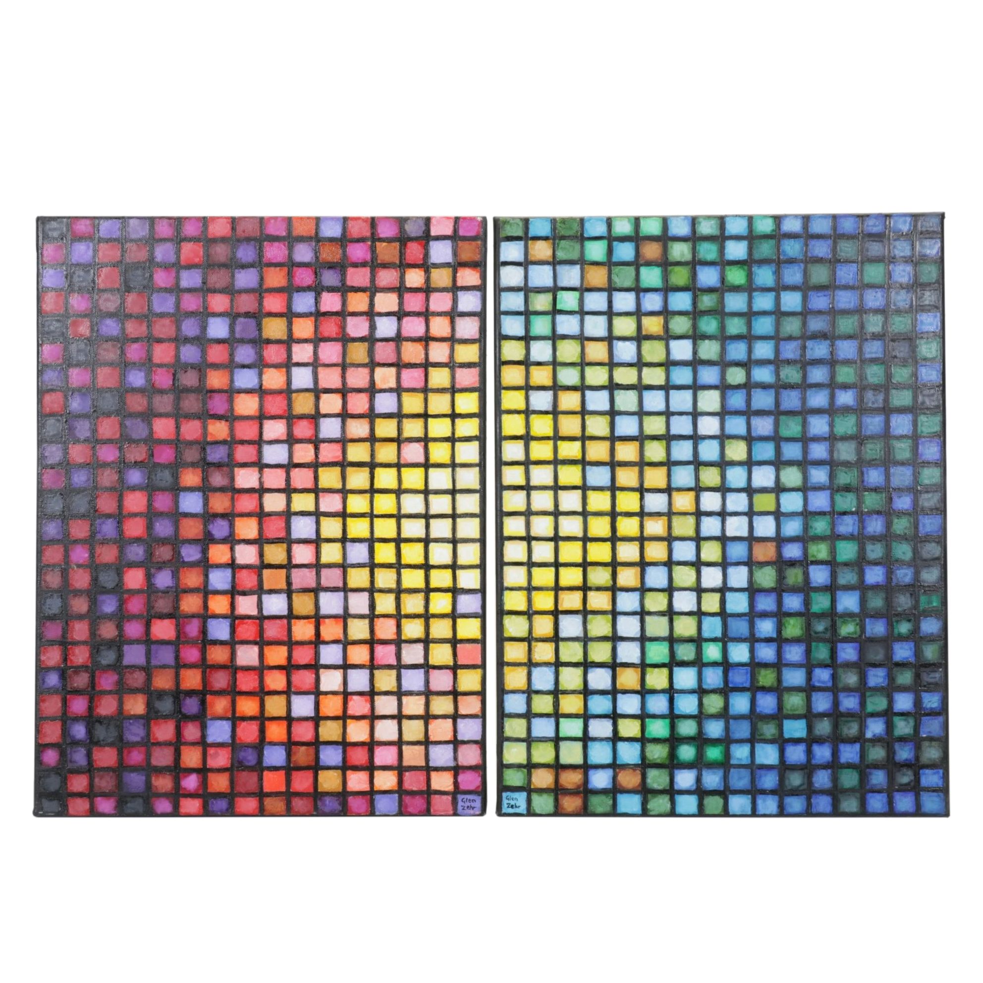 Glen Zehr Diptych Acrylic Painting of Gradient Tiles in Warm and Cool Tones