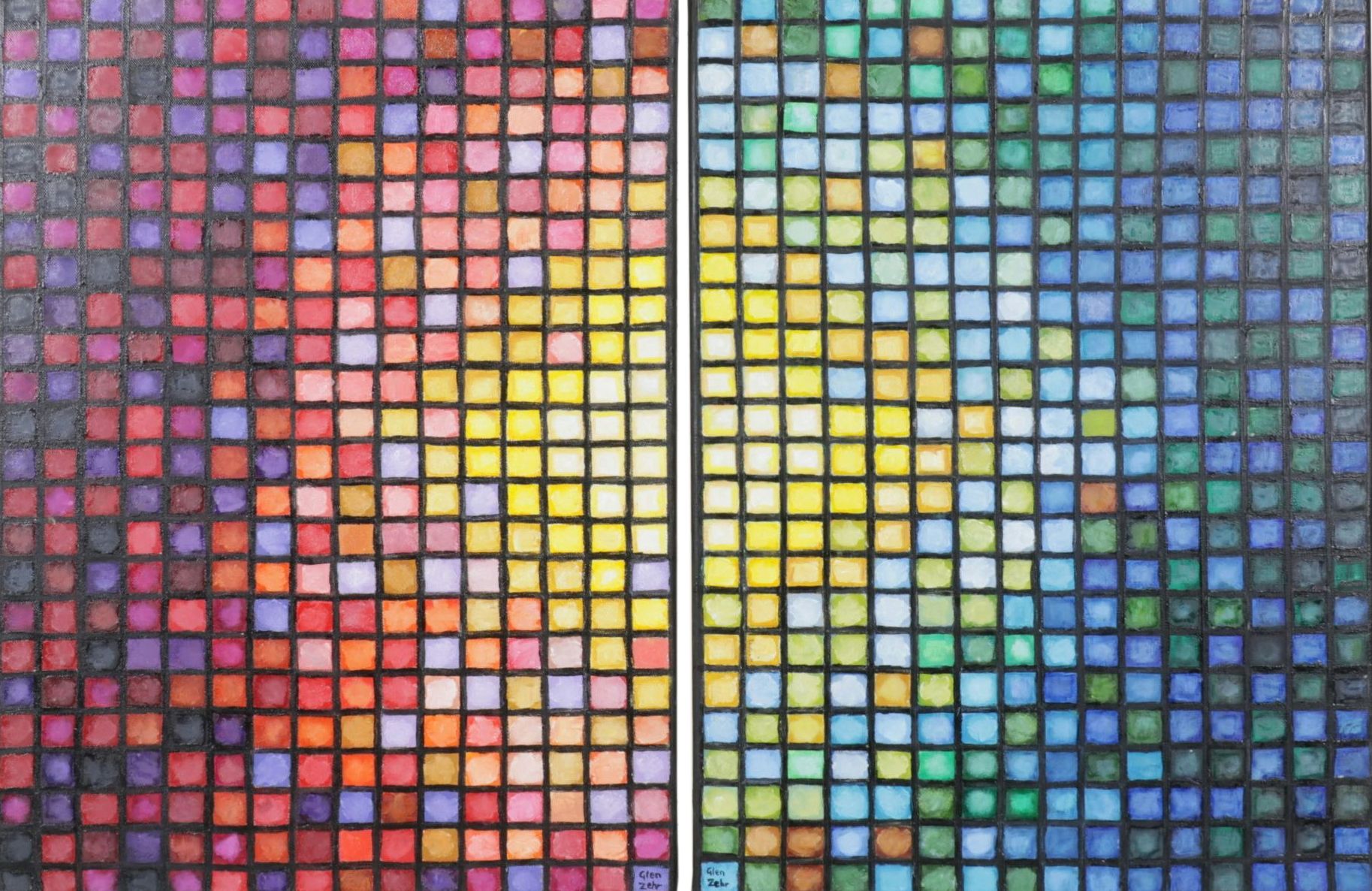 Glen Zehr Diptych Acrylic Painting of Gradient Tiles in Warm and Cool Tones