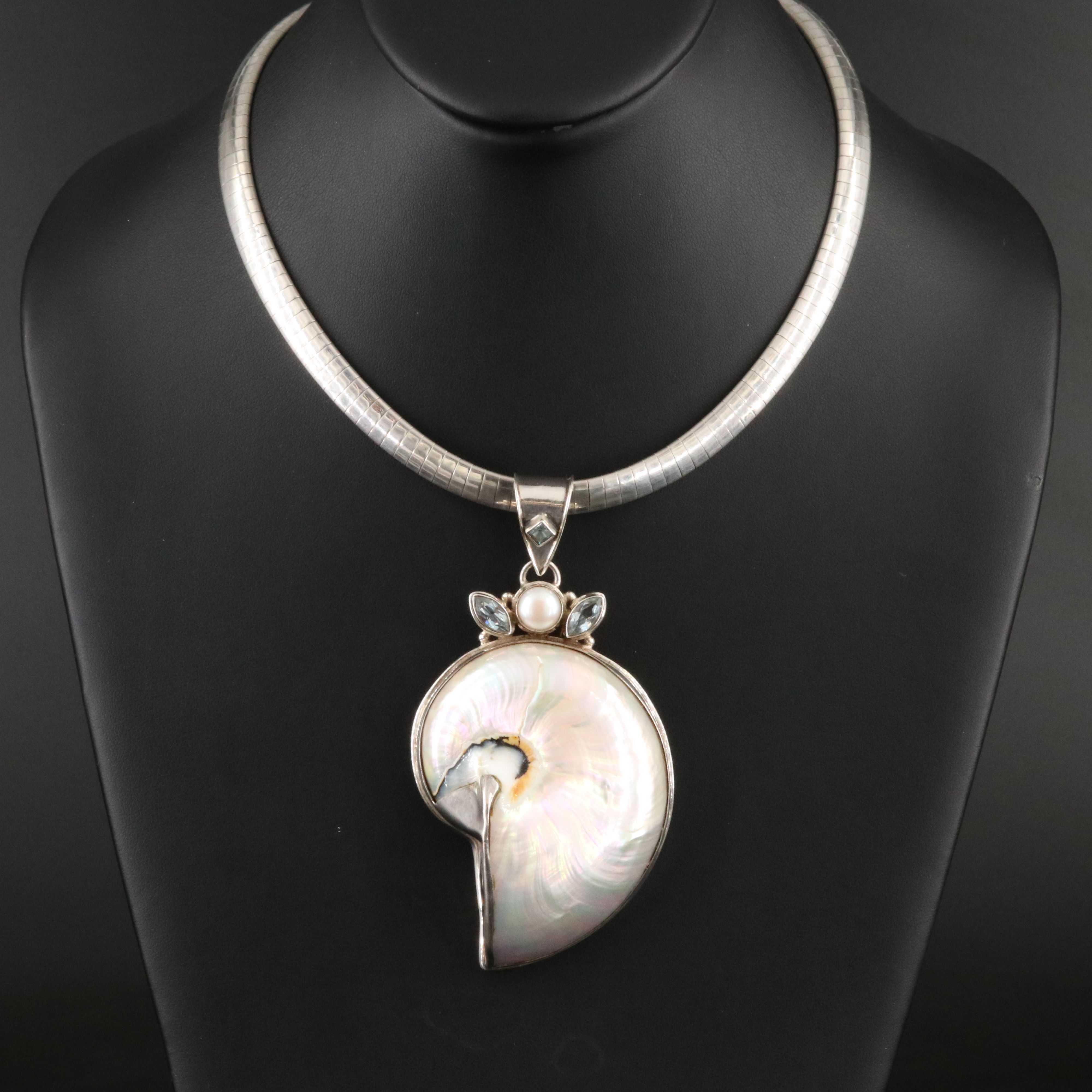 Sterling Pendant on Omega Chain Necklace Including Shell, Pearl and Toapz