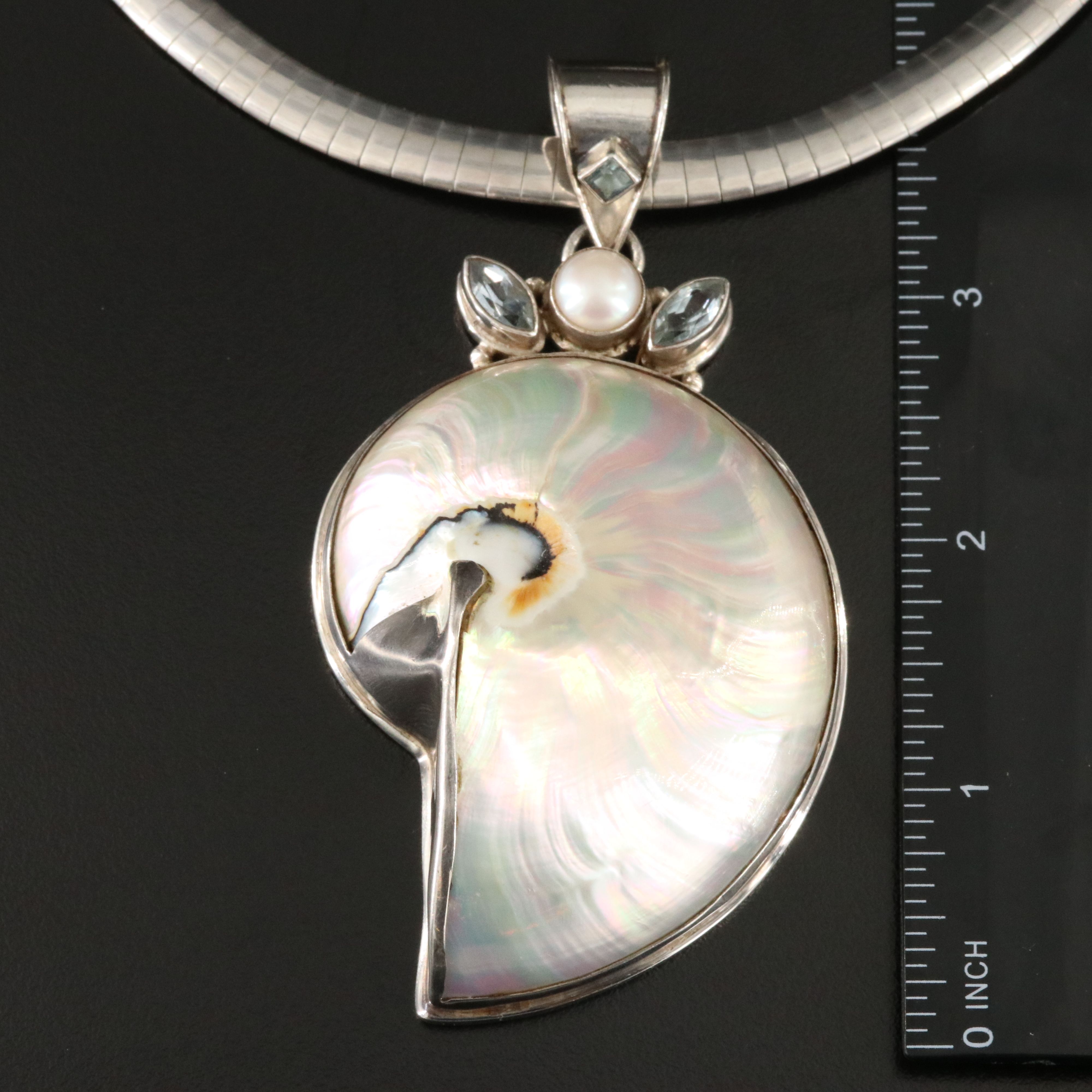 Sterling Pendant on Omega Chain Necklace Including Shell, Pearl and Toapz