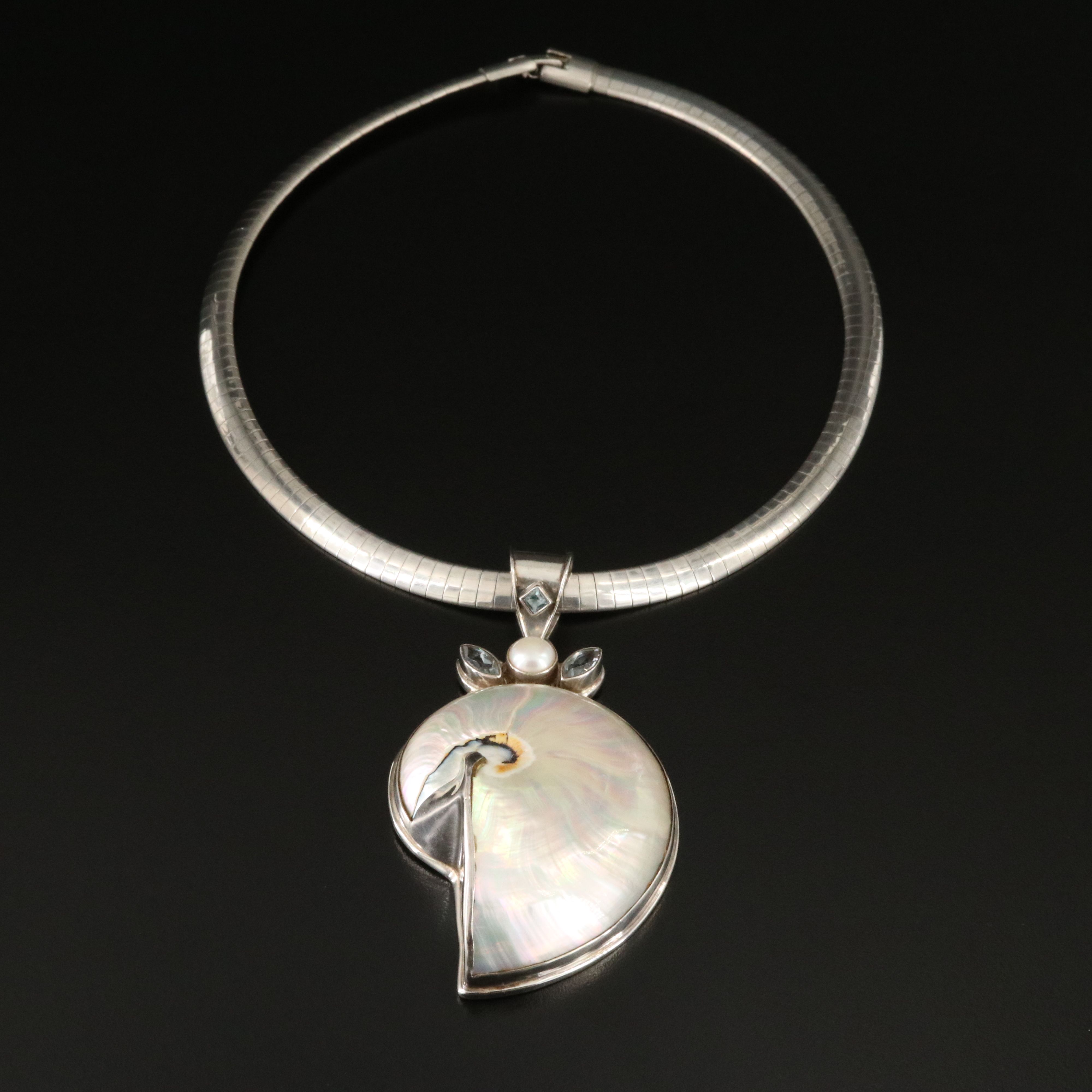 Sterling Pendant on Omega Chain Necklace Including Shell, Pearl and Toapz