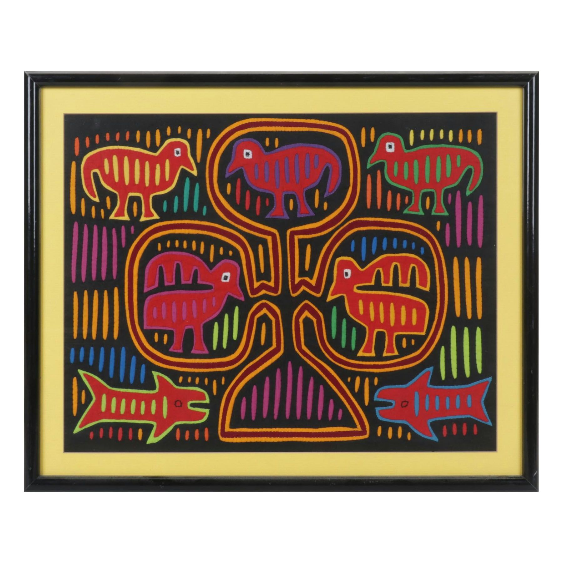Hand Stitched South-American Mola Textile Folk Art with Bird and Fish Motifs
