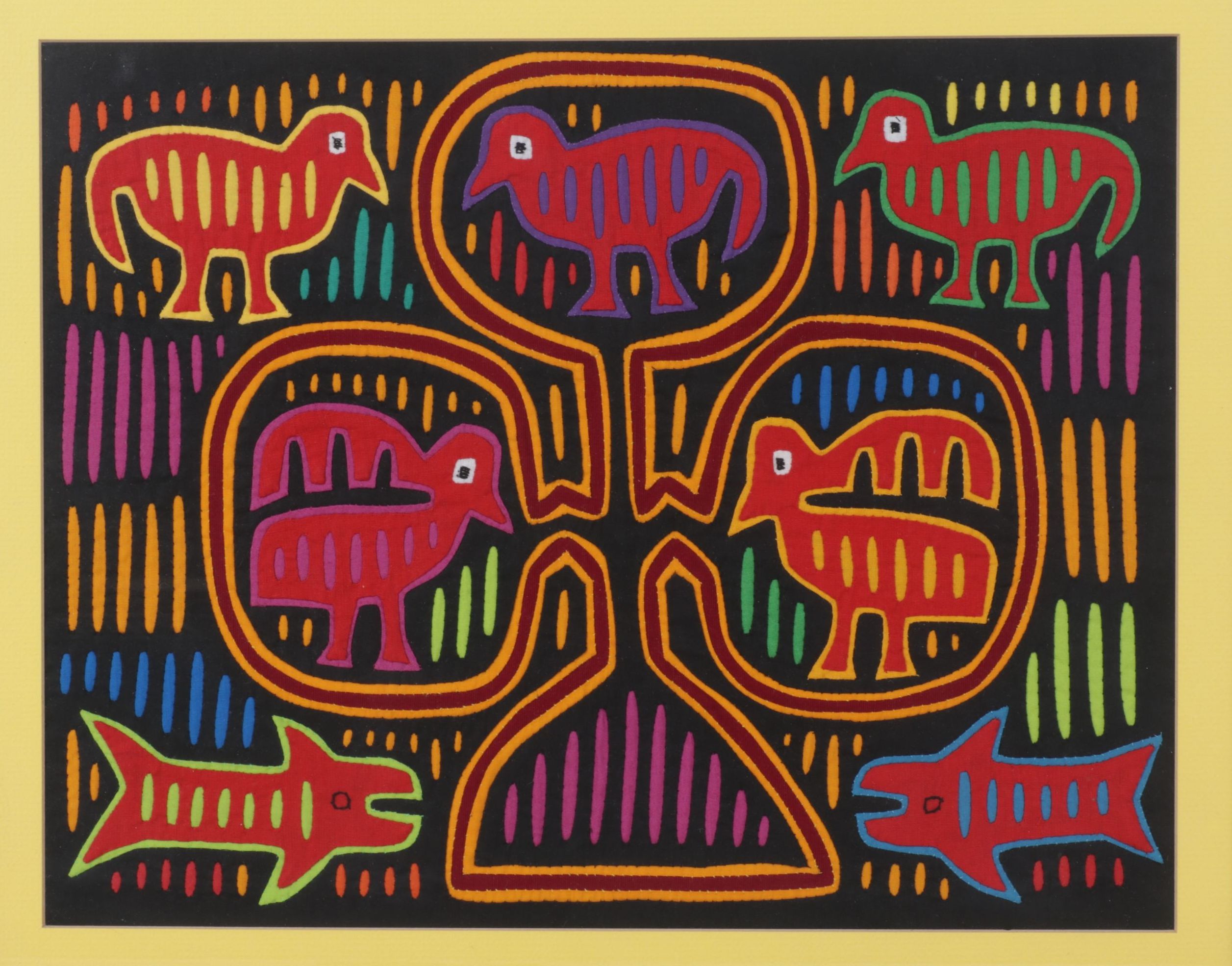Hand Stitched South-American Mola Textile Folk Art with Bird and Fish Motifs