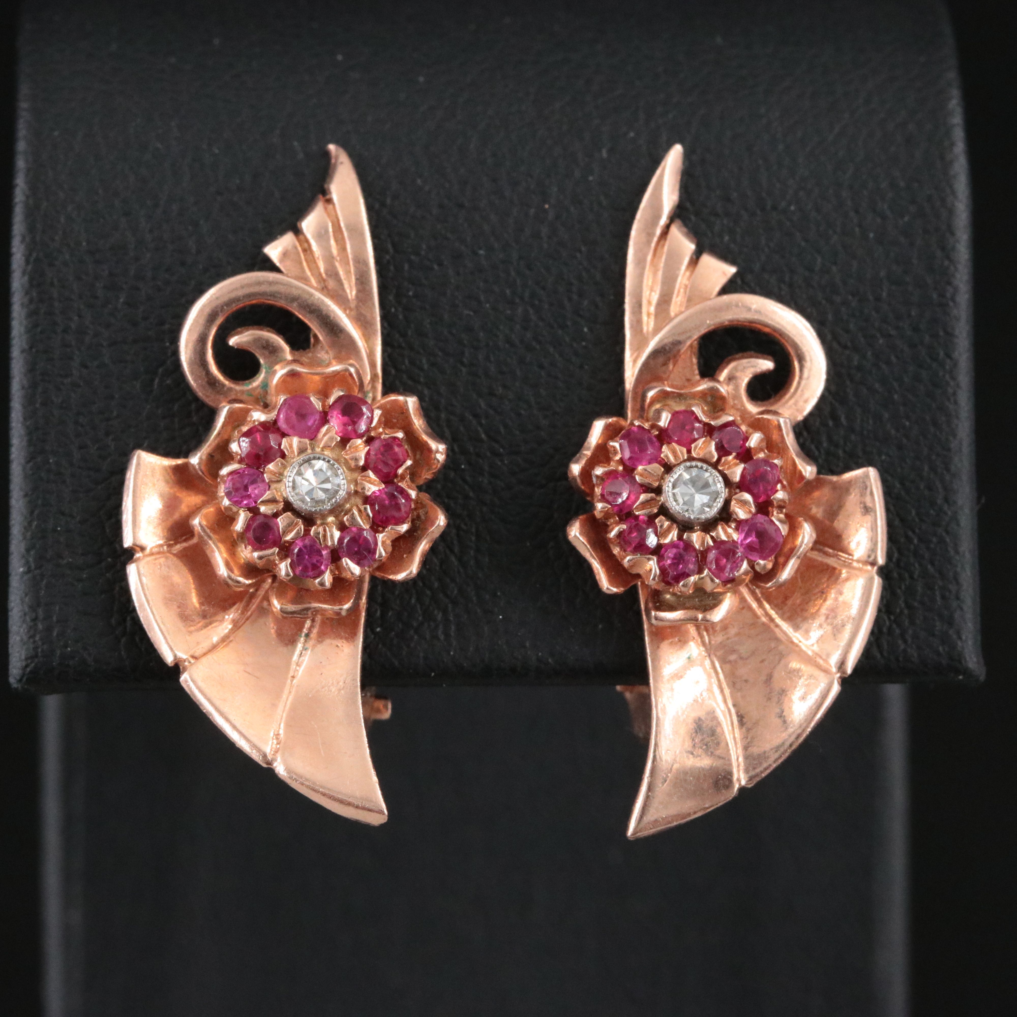 Retro 14K Rose Gold Diamond and Ruby Earrings