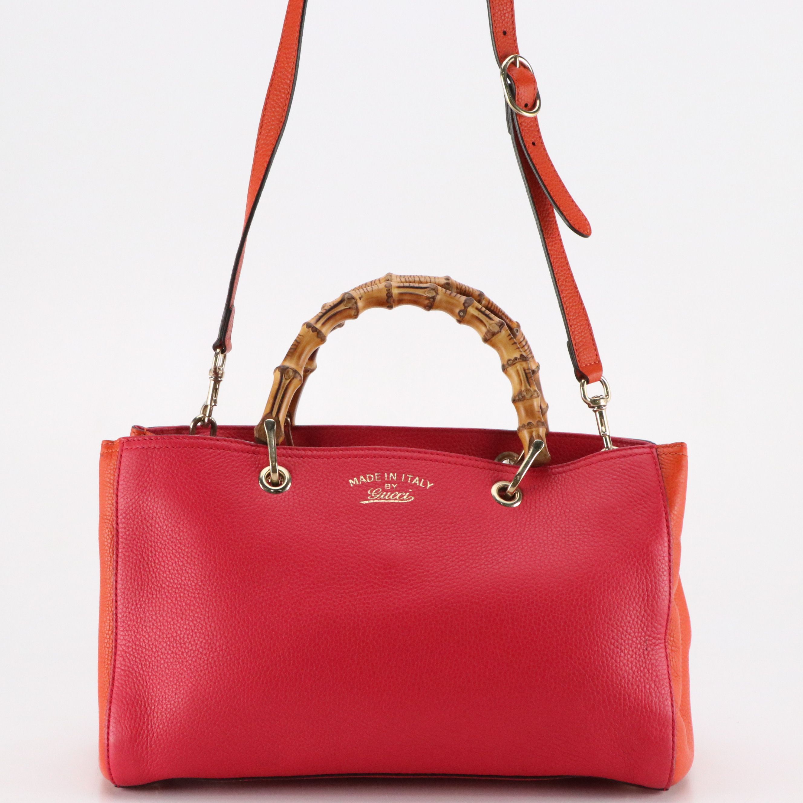 Gucci Bamboo Handle Two-Way Shopper Tote Bag in Pink and Orange Grained Calfskin
