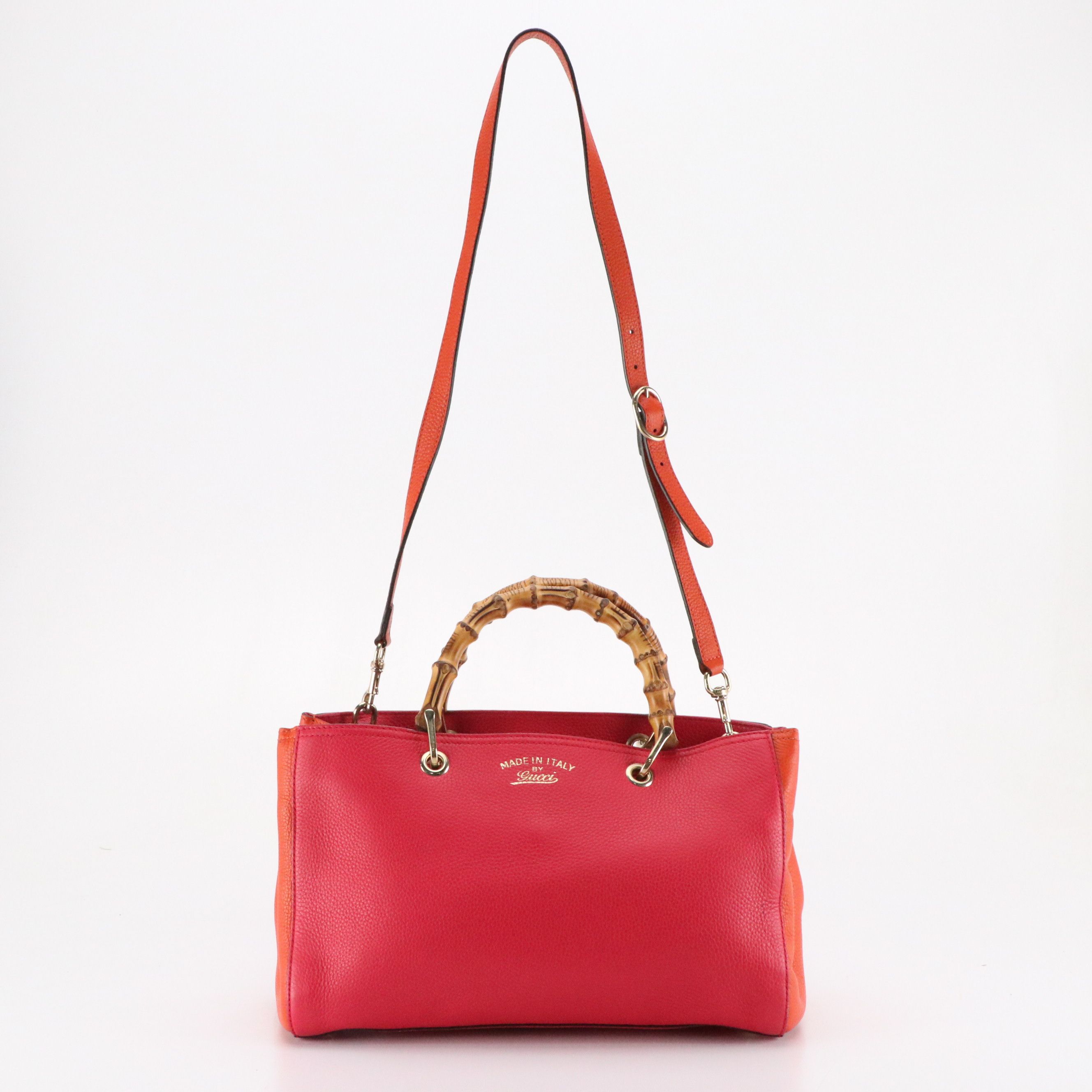 Gucci Bamboo Handle Two-Way Shopper Tote Bag in Pink and Orange Grained Calfskin