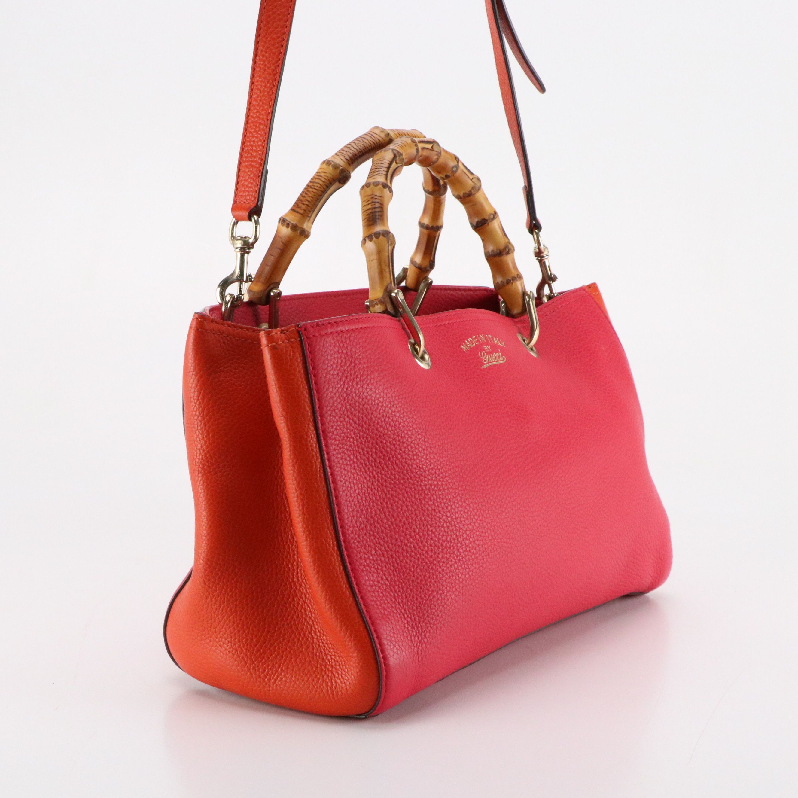Gucci Bamboo Handle Two-Way Shopper Tote Bag in Pink and Orange Grained Calfskin