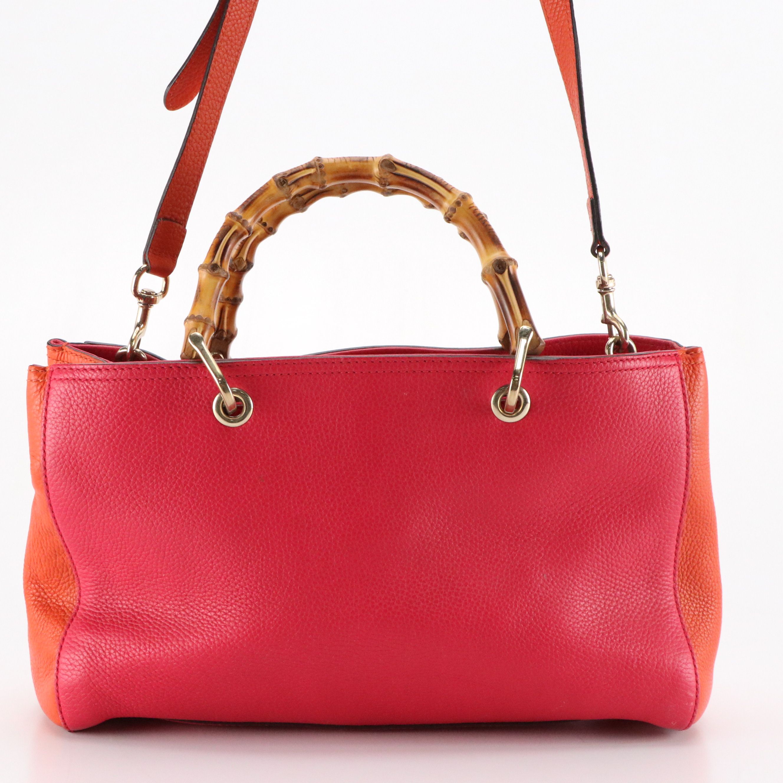Gucci Bamboo Handle Two-Way Shopper Tote Bag in Pink and Orange Grained Calfskin