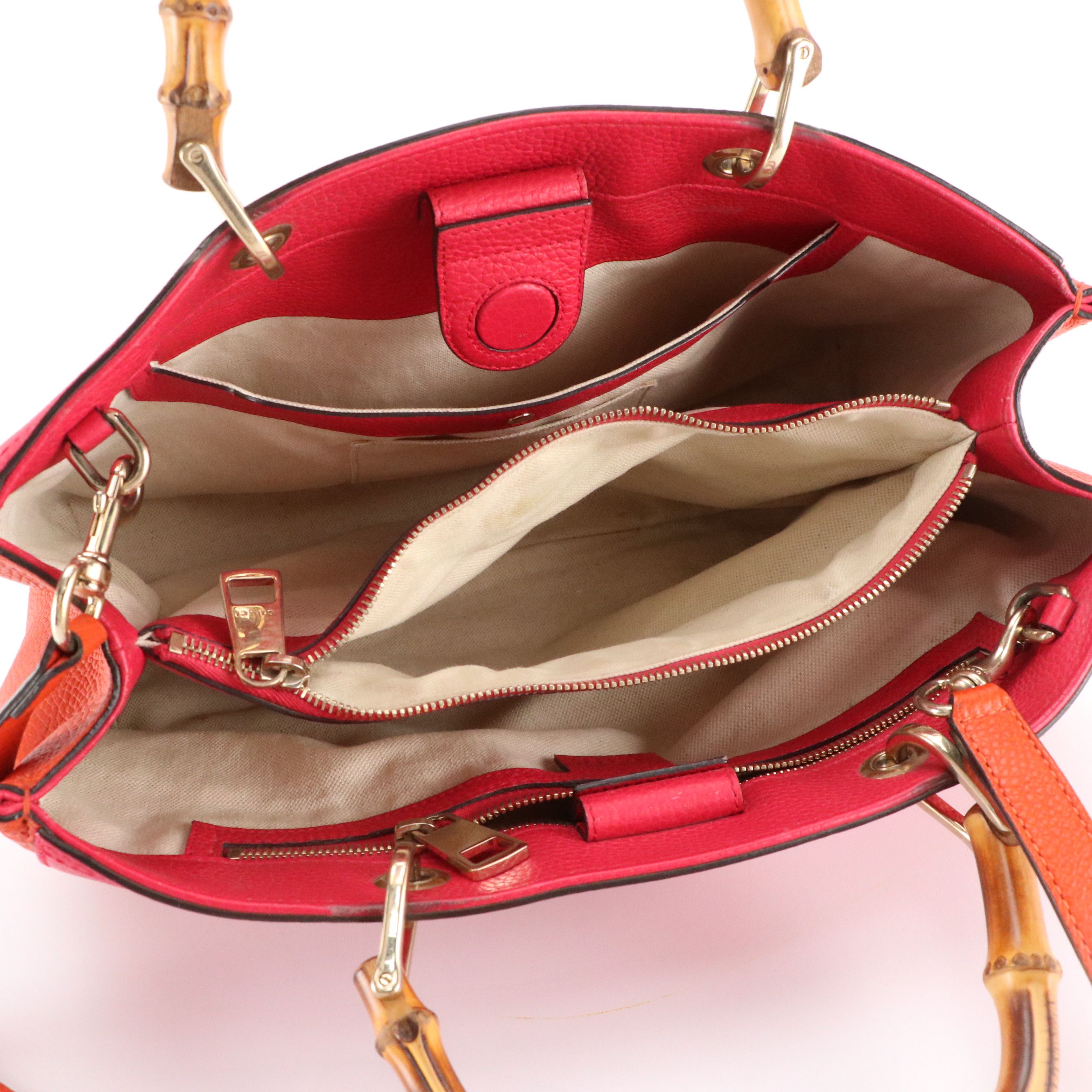 Gucci Bamboo Handle Two-Way Shopper Tote Bag in Pink and Orange Grained Calfskin