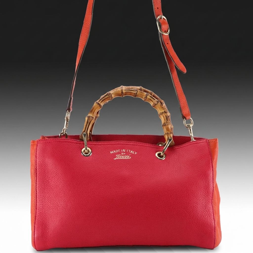 Gucci Bamboo Handle Two-Way Shopper Tote Bag in Pink and Orange Grained Calfskin