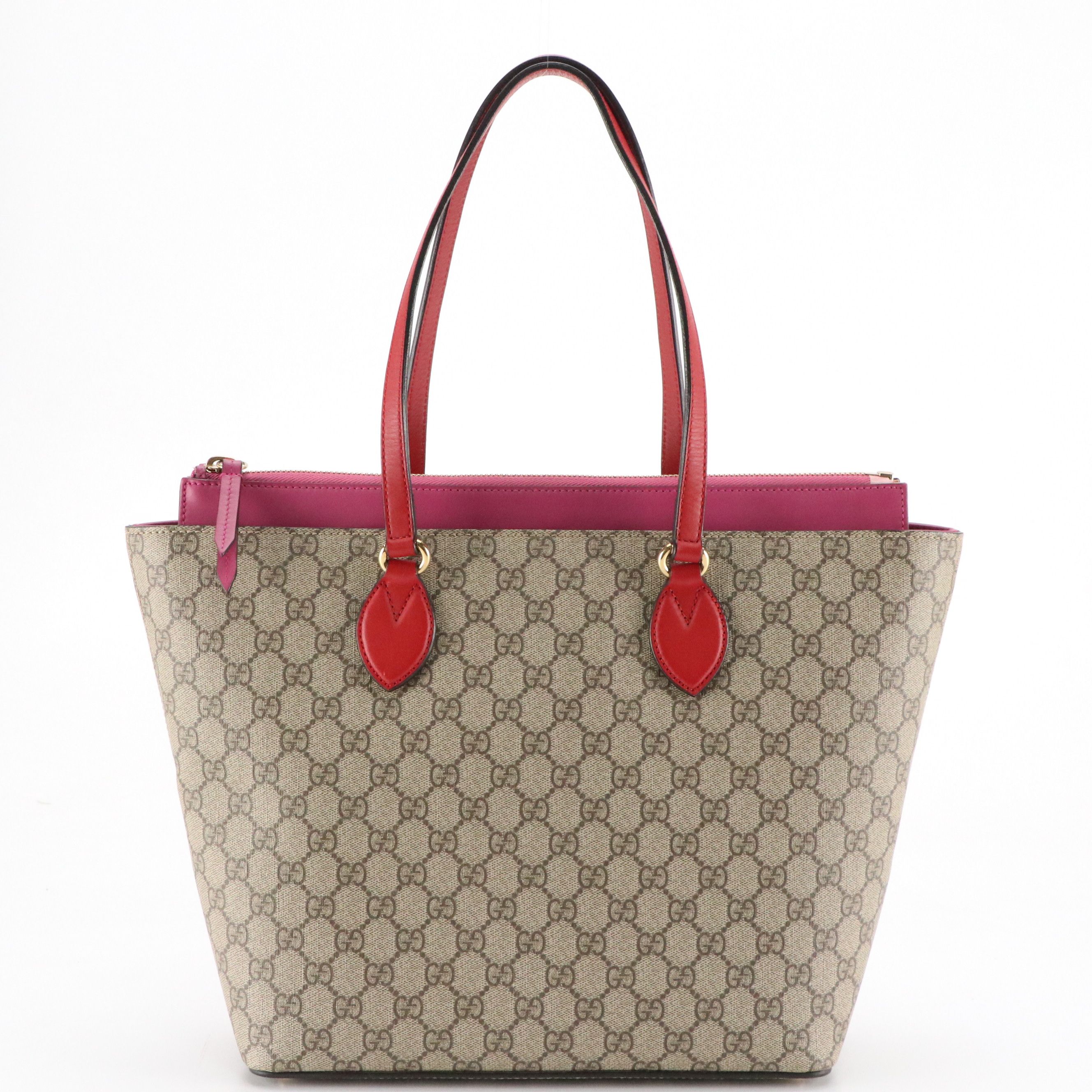 Gucci Zip Tote Bag in GG Supreme Canvas, Pink and Red Calfskin Leather