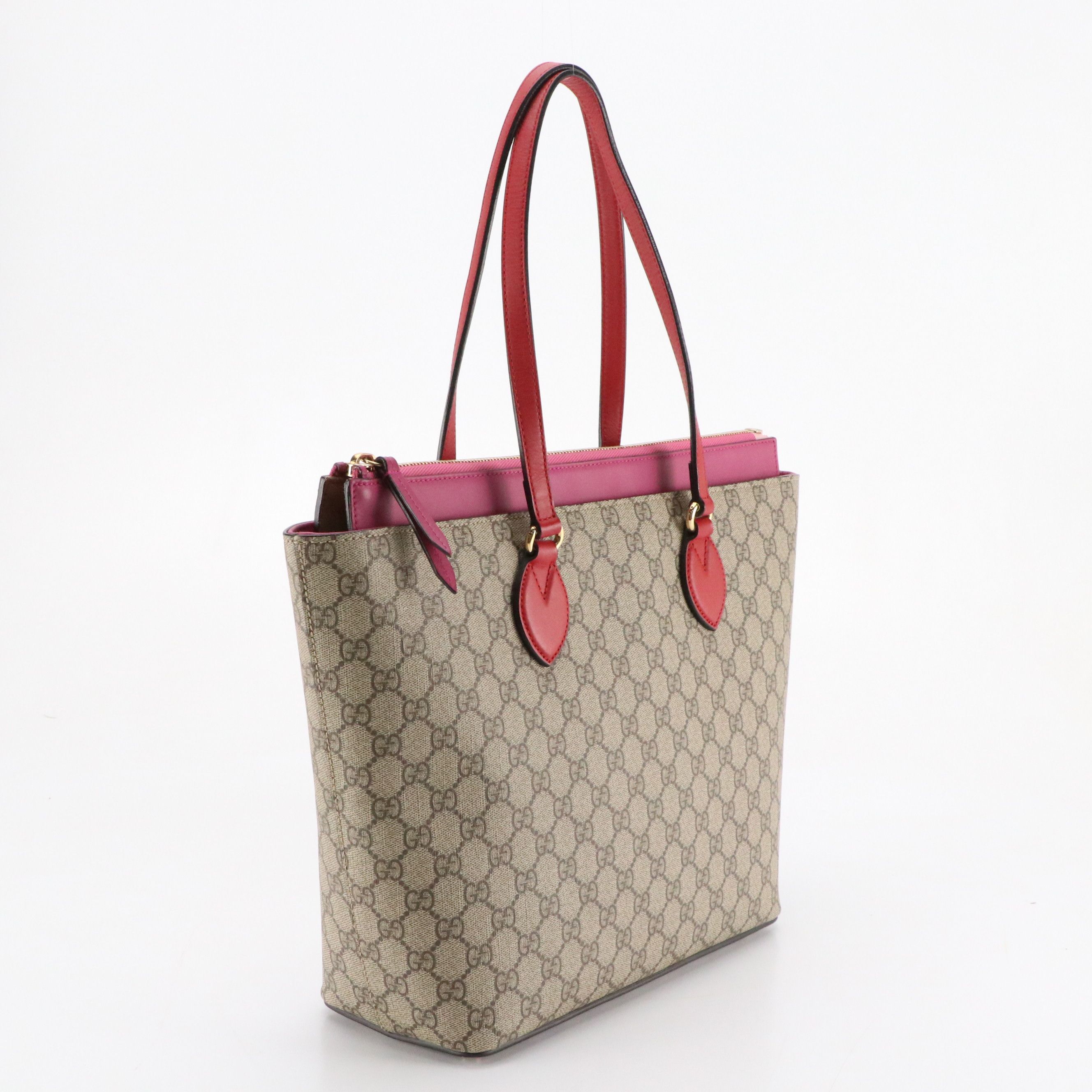 Gucci Zip Tote Bag in GG Supreme Canvas, Pink and Red Calfskin Leather