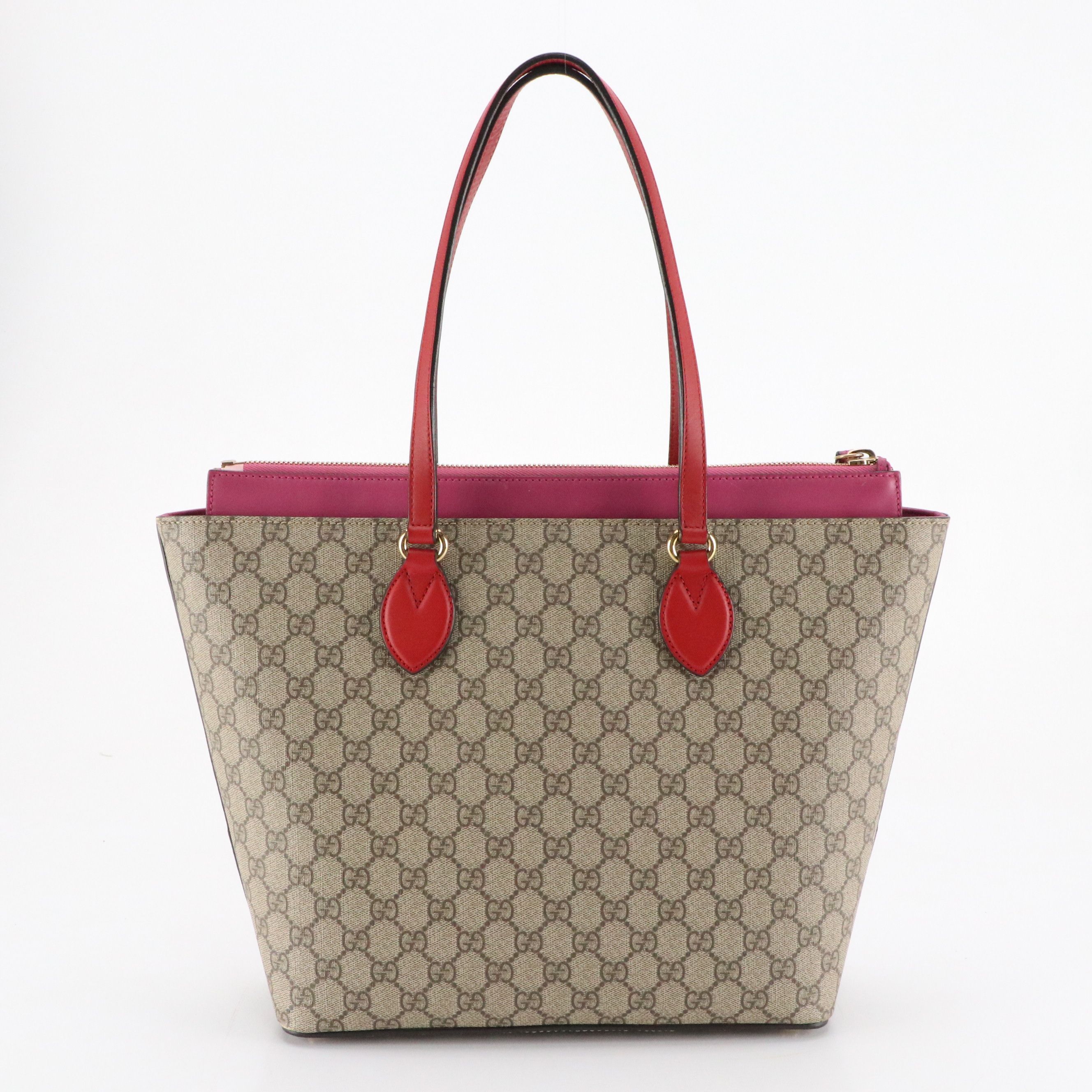 Gucci Zip Tote Bag in GG Supreme Canvas, Pink and Red Calfskin Leather
