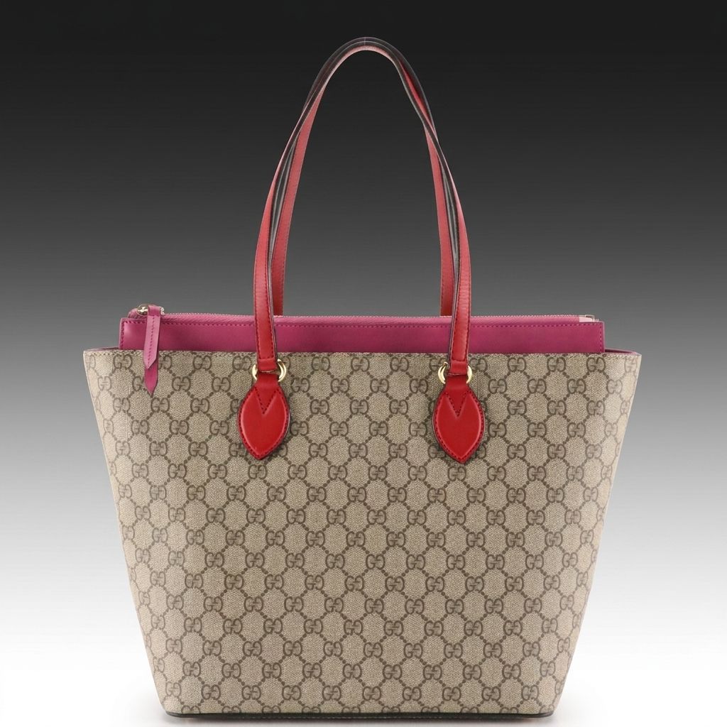 Gucci Zip Tote Bag in GG Supreme Canvas, Pink and Red Calfskin Leather