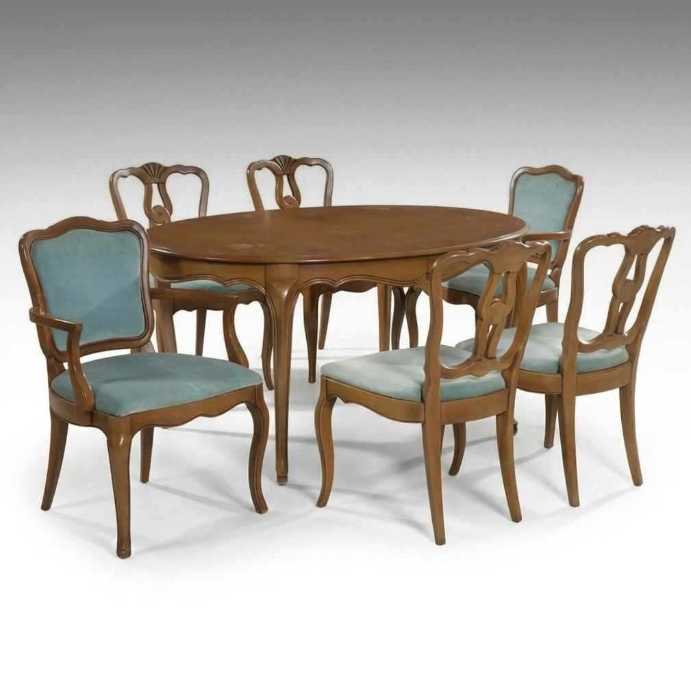 French Provincial Style Walnut Dining Table and Six Chairs