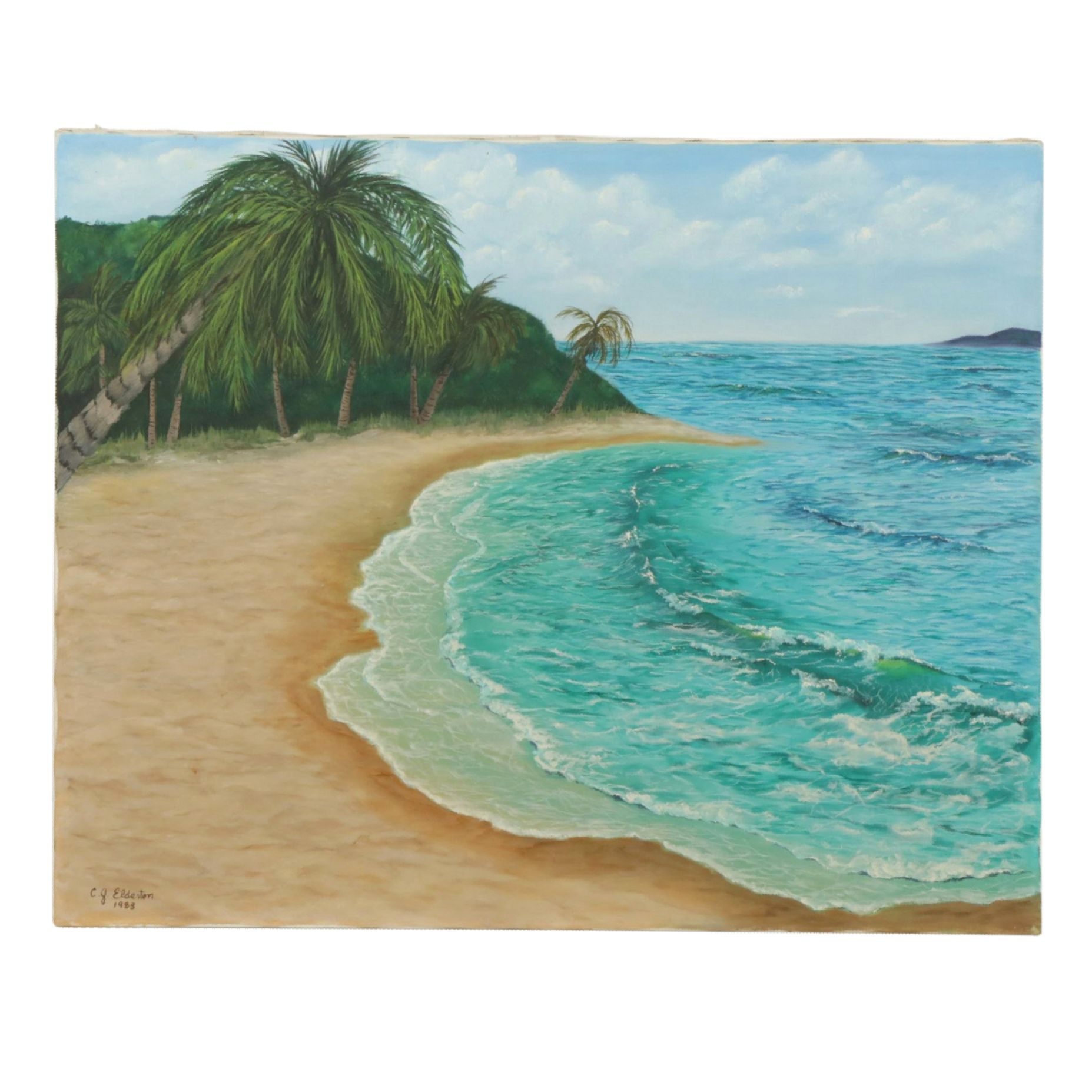 C.J. Elderton Tropical Landscape Oil Painting of Rippling Waves on a Beach, 1983