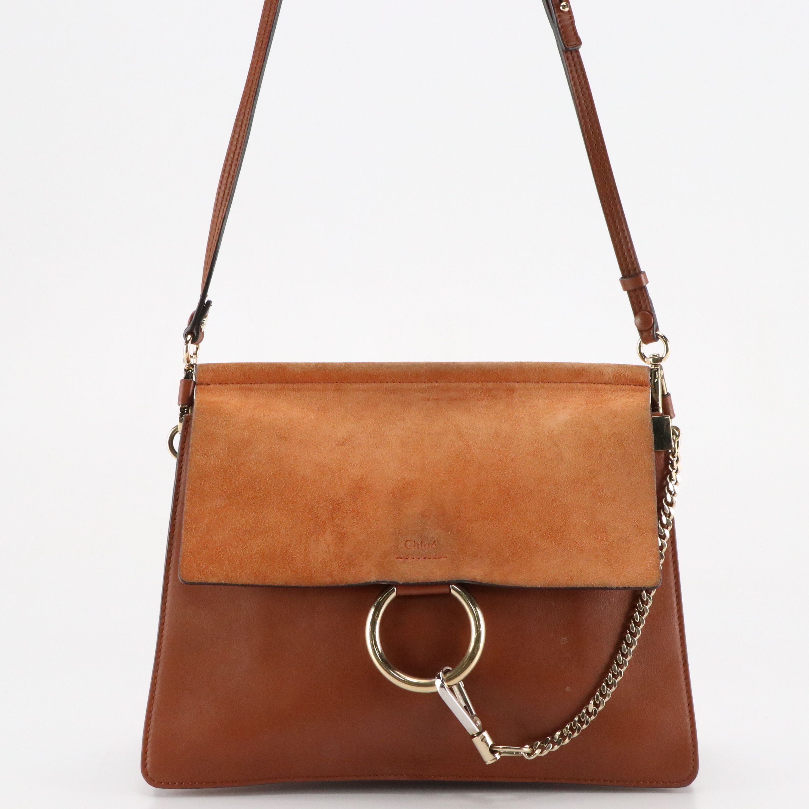 Chloé Large Faye Shoulder Bag in Tobacco Calfskin Leather and Suede